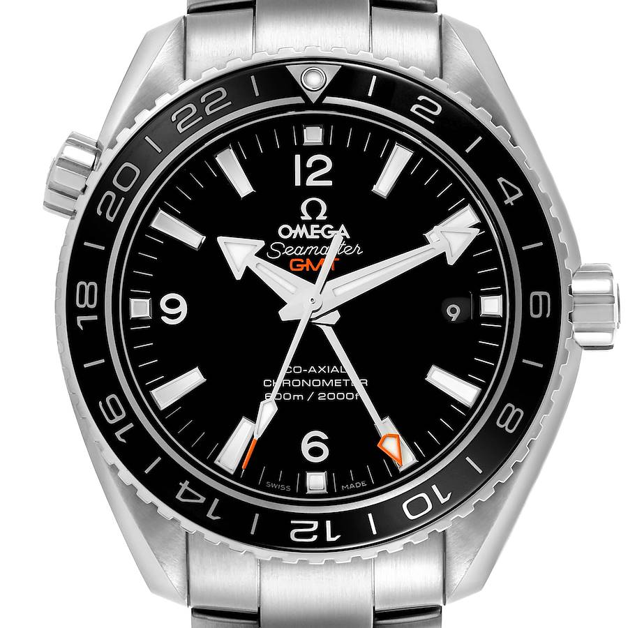 The Omega Planet Ocean watch is shown at a frontal angle, displaying the dial, bezel, and part of the bracelet.