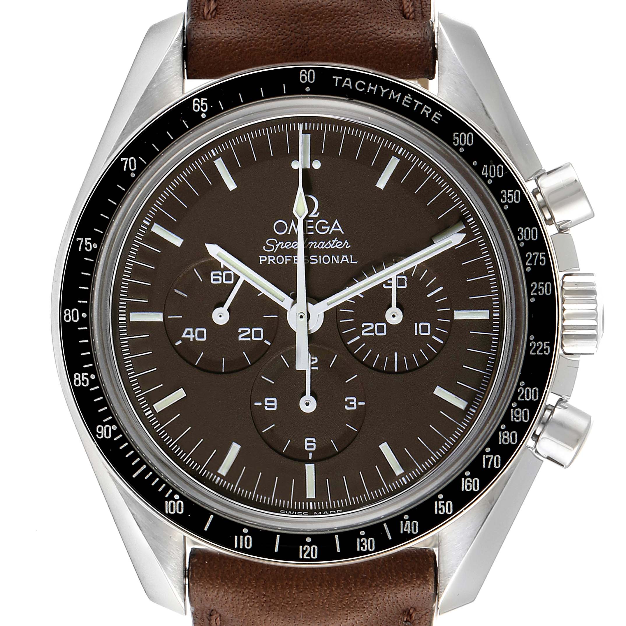 This image shows a front view of the Omega Speedmaster 311.30.42.30.13.001 Men's Stainless Steel Brown Dial 311.30.42.30.13.001 Men's Stainless Steel Brown Dial watch, highlighting its dial, tachymeter bezel, and chronograph subdials.