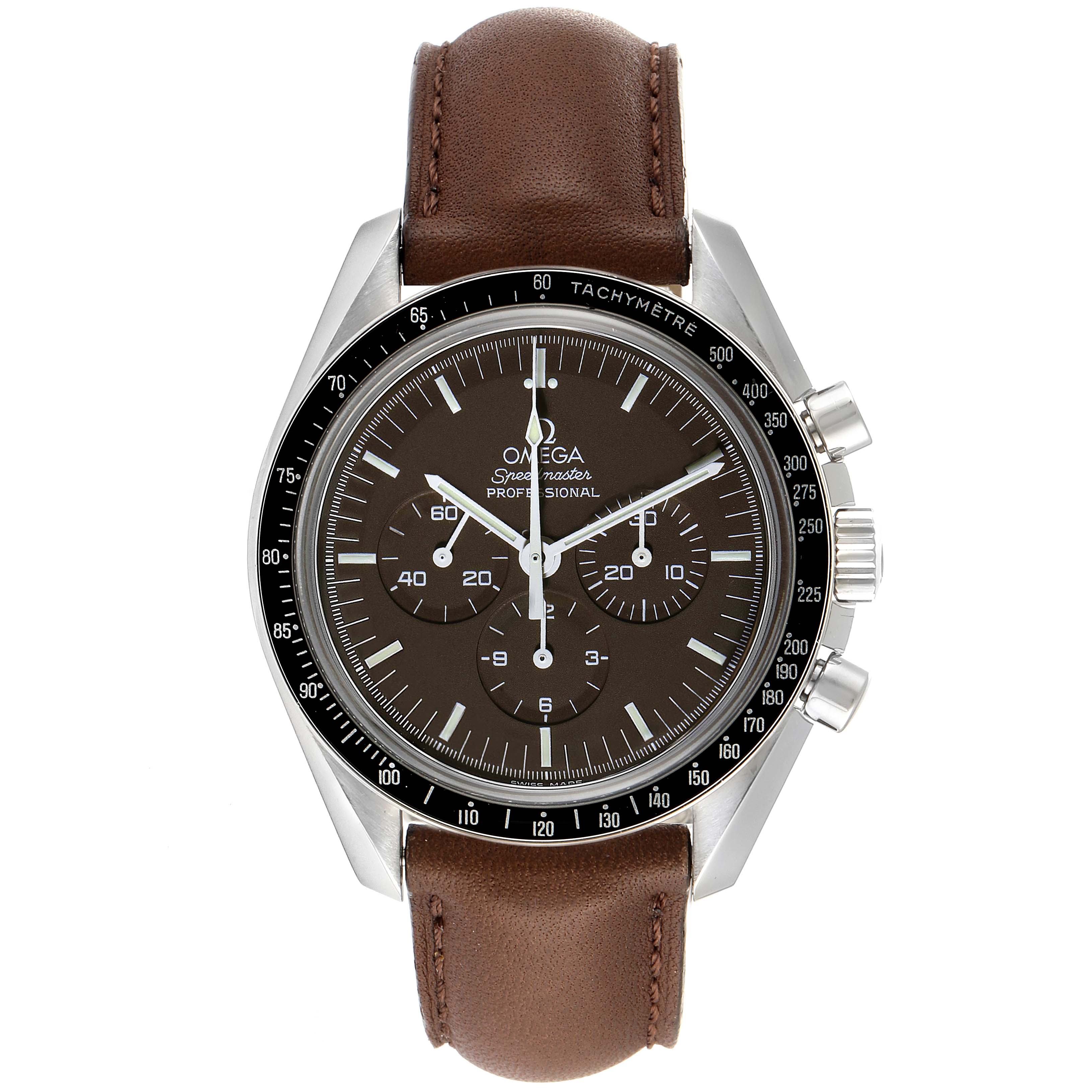 This image shows an Omega Speedmaster 311.30.42.30.13.001 Men's Stainless Steel Brown Dial 311.30.42.30.13.001 Men's Stainless Steel Brown Dial watch front-facing, displaying its dial, bezel, and brown leather strap.