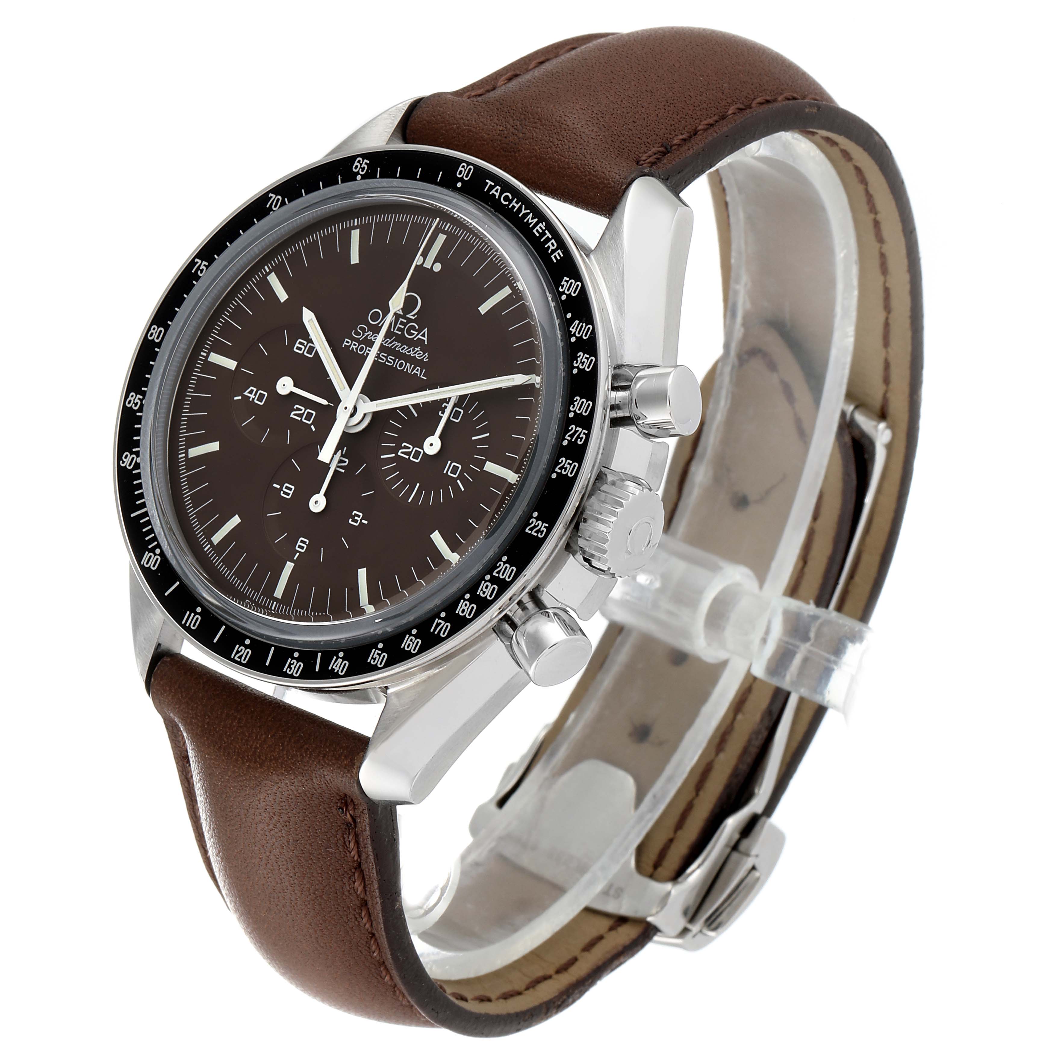 The Omega Speedmaster 311.30.42.30.13.001 Men's Stainless Steel Brown Dial 311.30.42.30.13.001 Men's Stainless Steel Brown Dial watch is shown at an angle displaying its face, side buttons, crown, and brown leather strap.