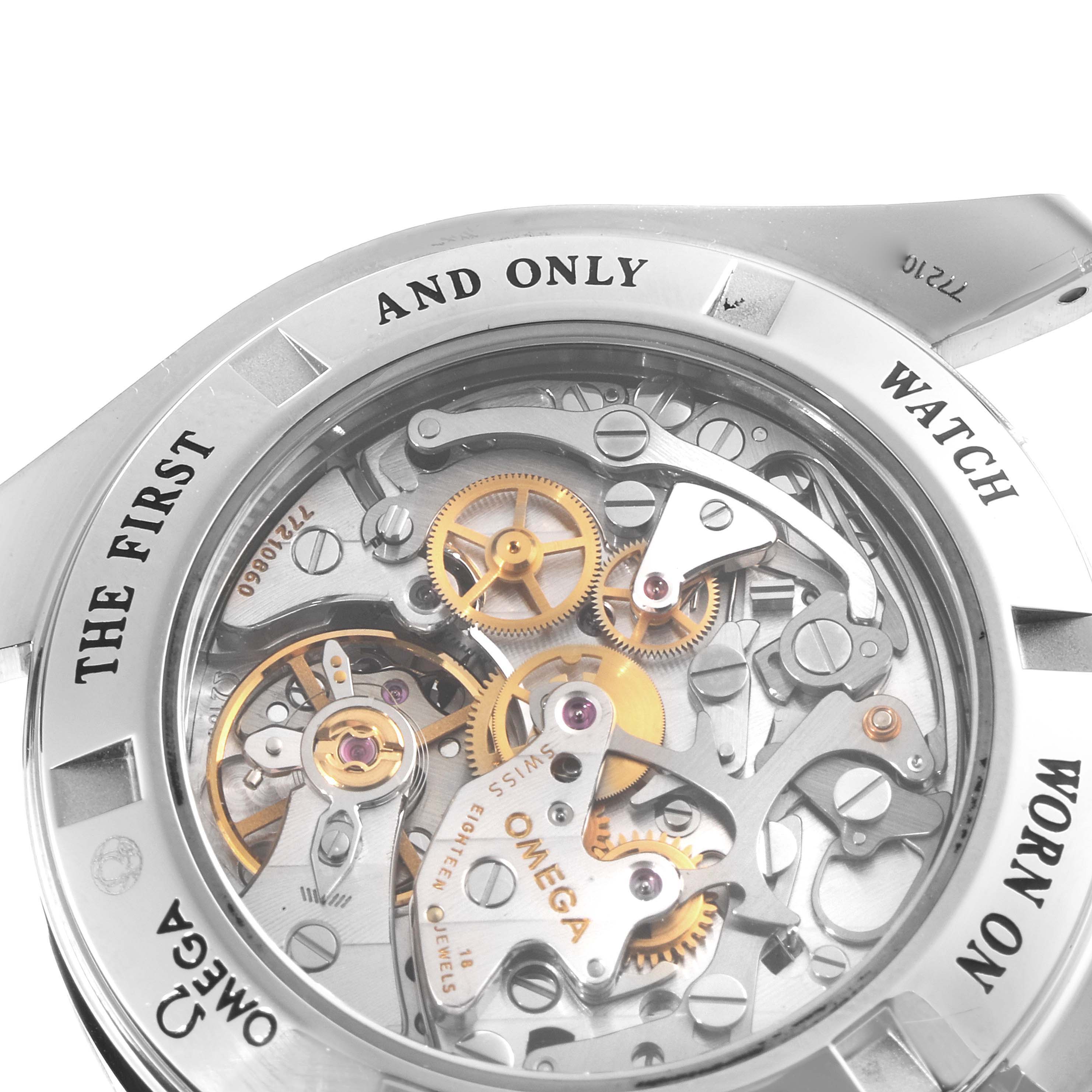 The image shows the intricate mechanical movement through the case back of the Omega Speedmaster 311.30.42.30.13.001 Men's Stainless Steel Brown Dial 311.30.42.30.13.001 Men's Stainless Steel Brown Dial watch.