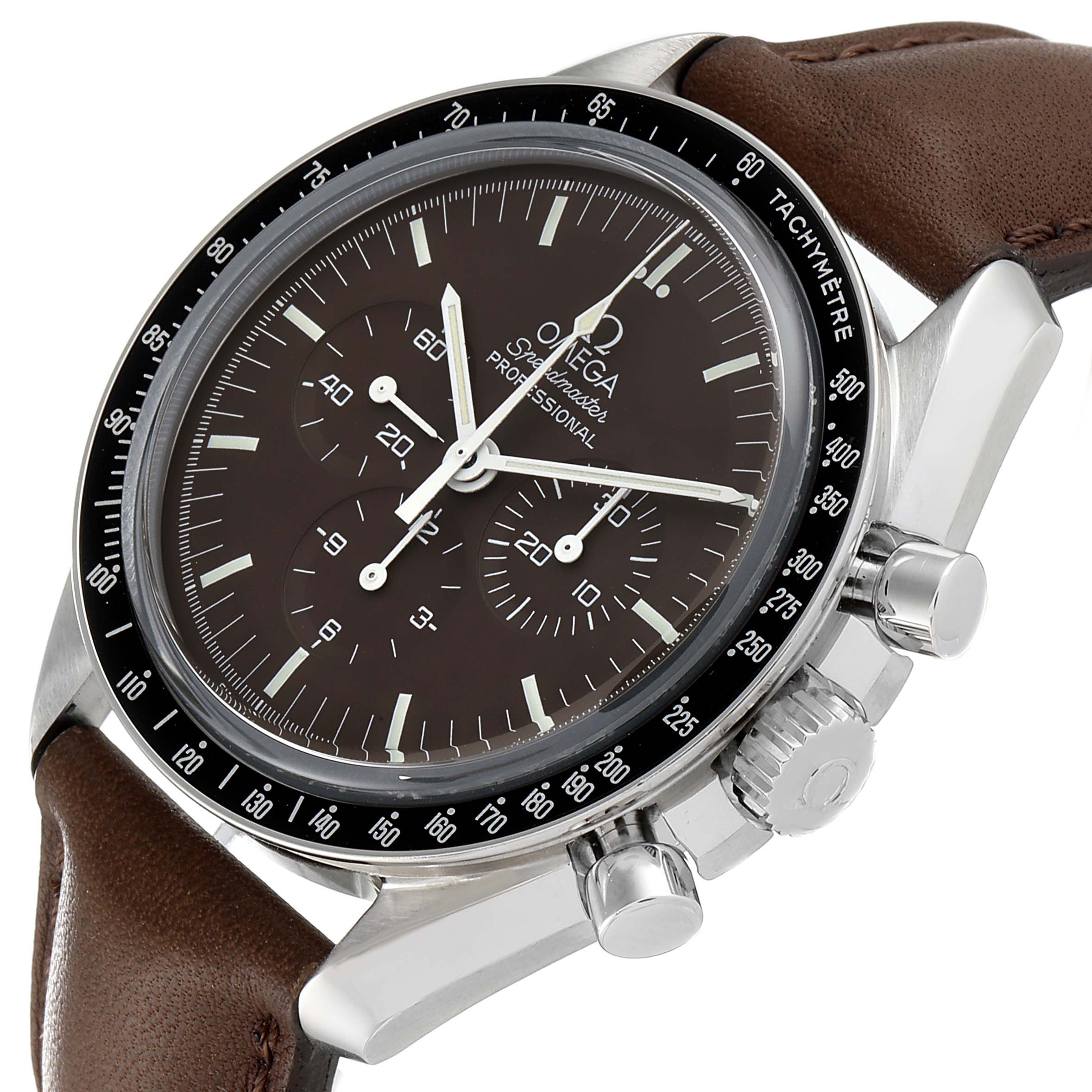 The Omega Speedmaster 311.30.42.30.13.001 Men's Stainless Steel Brown Dial 311.30.42.30.13.001 Men's Stainless Steel Brown Dial watch is shown at a slight angle, displaying the dial, bezel, crown, and pushers.