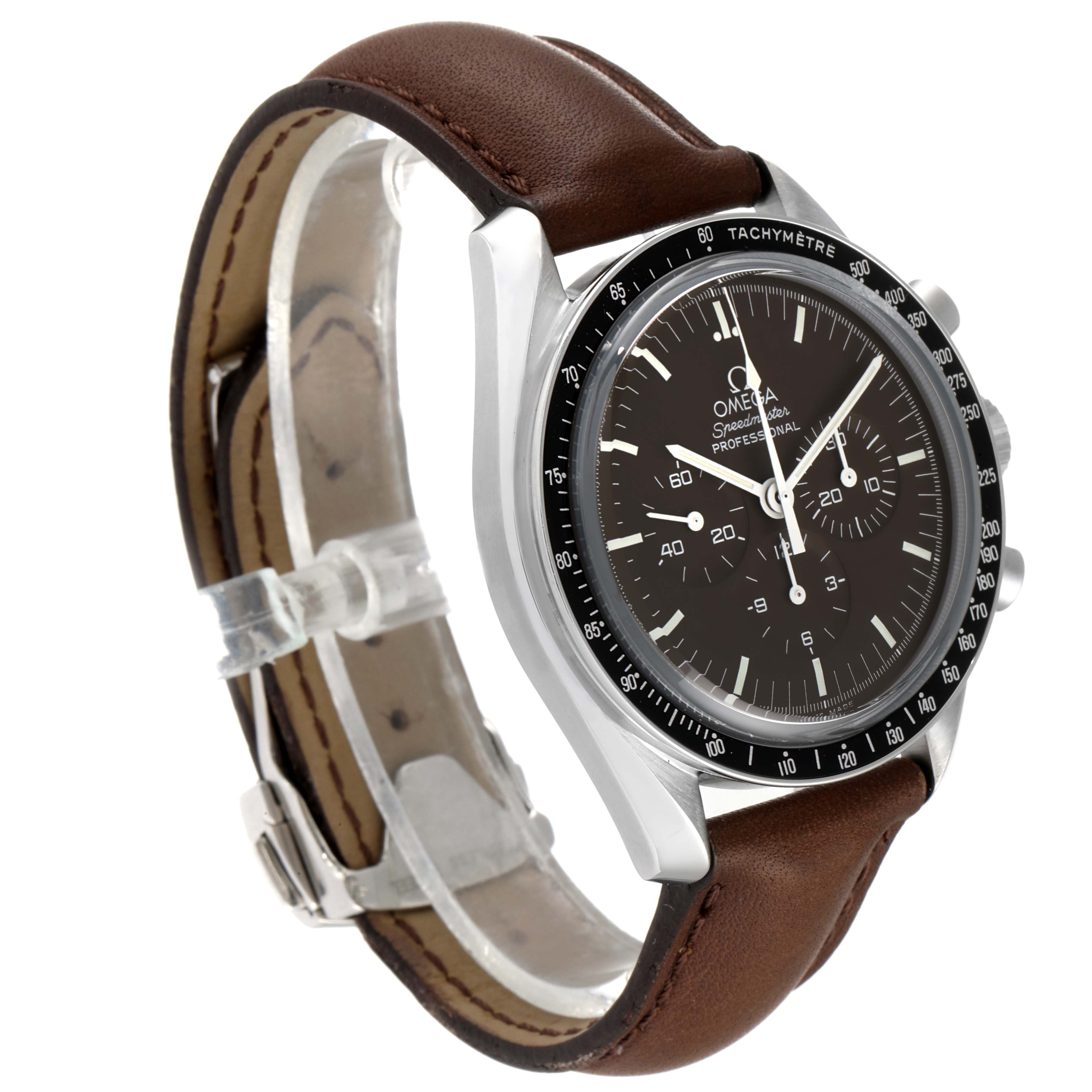 The image shows an Omega Speedmaster 311.30.42.30.13.001 Men's Stainless Steel Brown Dial 311.30.42.30.13.001 Men's Stainless Steel Brown Dial watch from an oblique angle, highlighting its black dial, tachymeter bezel, and brown leather strap.