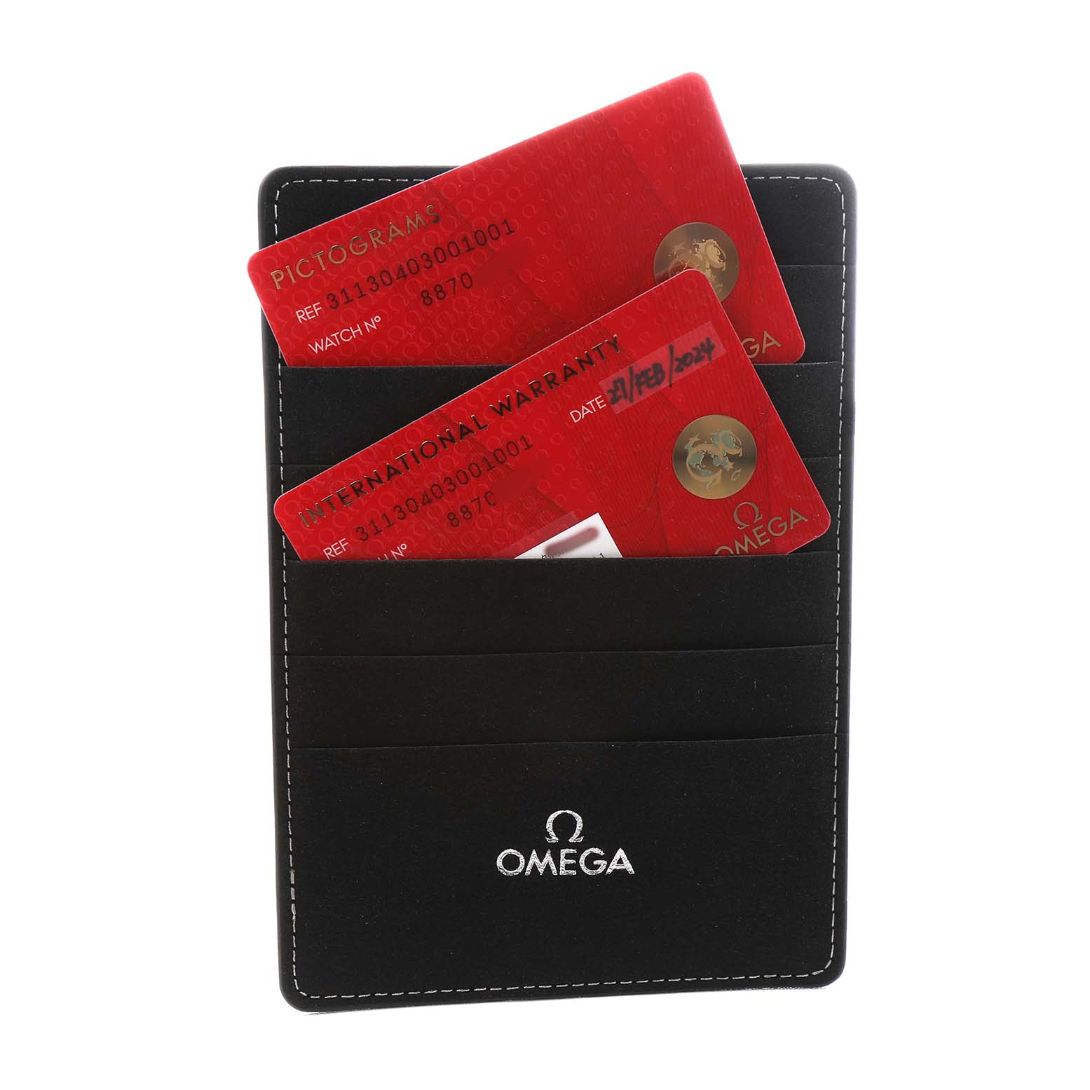 The image shows two red Omega Speedmaster 311.30.40.30.01.001 Men's Stainless Steel Black Dial cards—Pictogram and International Warranty—inside a black Omega cardholder.
