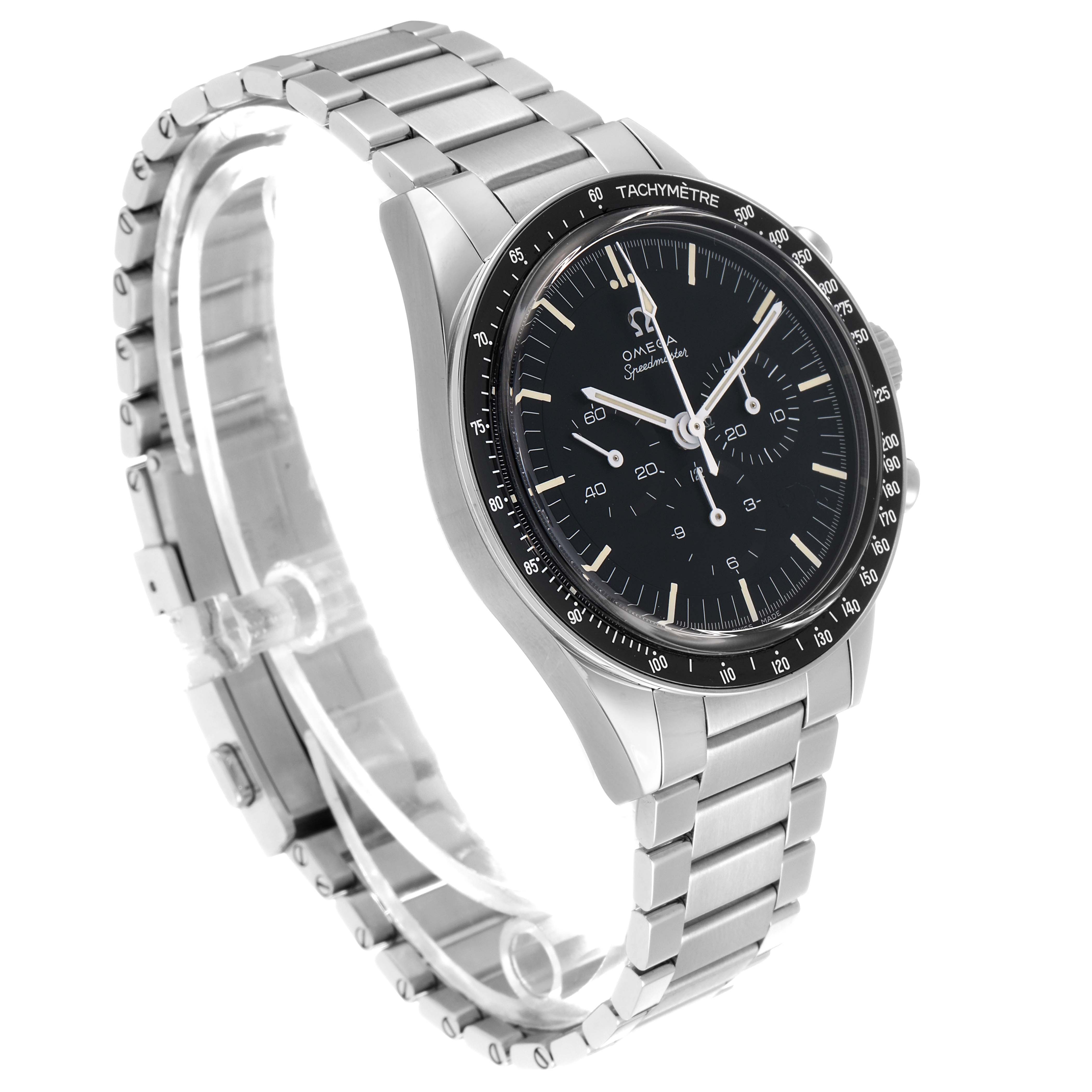 The Omega Speedmaster 311.30.40.30.01.001 Men's Stainless Steel Black Dial watch is shown at a three-quarter angle, highlighting the dial, tachymeter bezel, and stainless steel bracelet.
