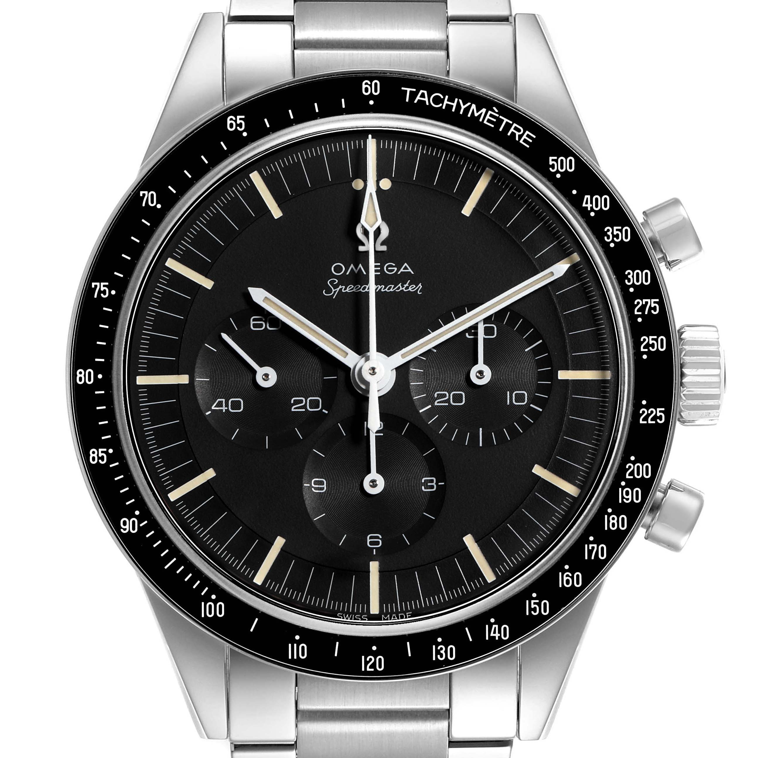 The Omega Speedmaster 311.30.40.30.01.001 Men's Stainless Steel Black Dial watch is shown from the front, displaying the dial, subdials, tachymeter bezel, and crown.