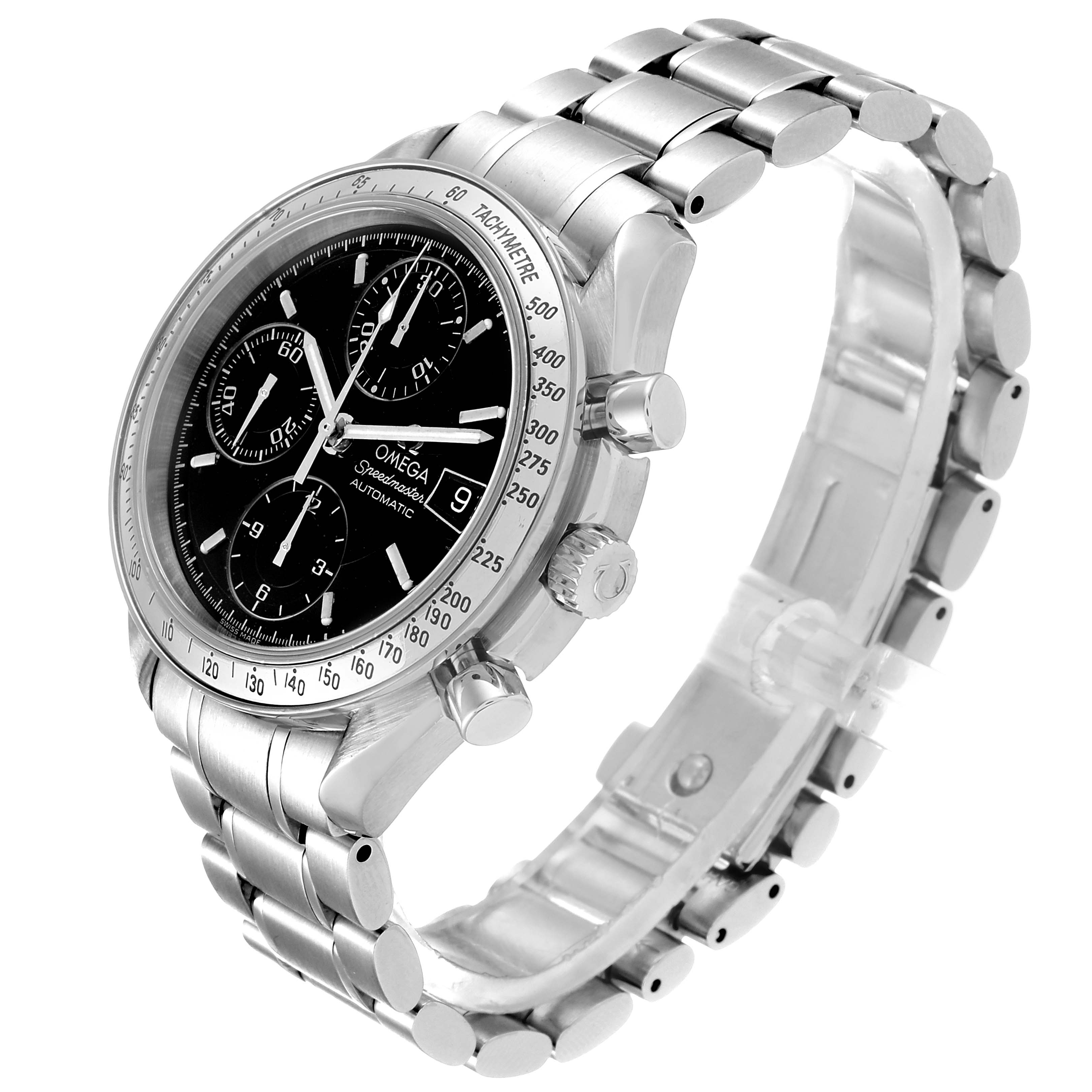This image shows an Omega Speedmaster 3513.50.00 Men's Stainless Steel Black Dial 3513.50.00 Men's Stainless Steel Black Dial watch from an angled side view, detailing the stainless steel band, dial, and chronograph buttons.