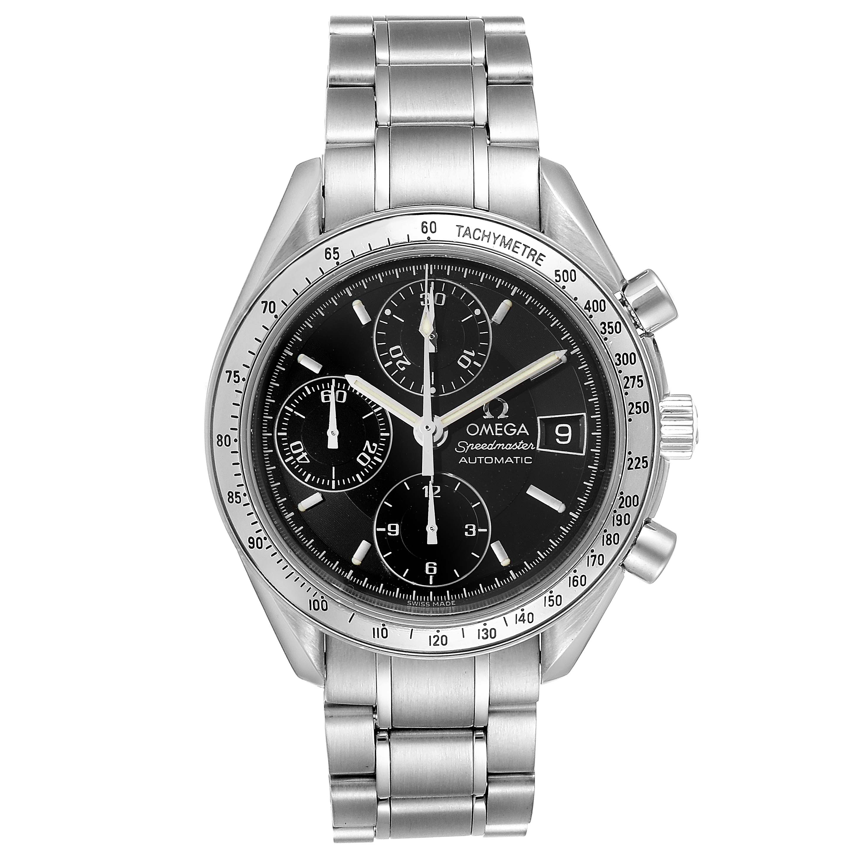 The image shows a front-facing Omega Speedmaster 3513.50.00 Men's Stainless Steel Black Dial 3513.50.00 Men's Stainless Steel Black Dial watch with a black dial and stainless steel bracelet.