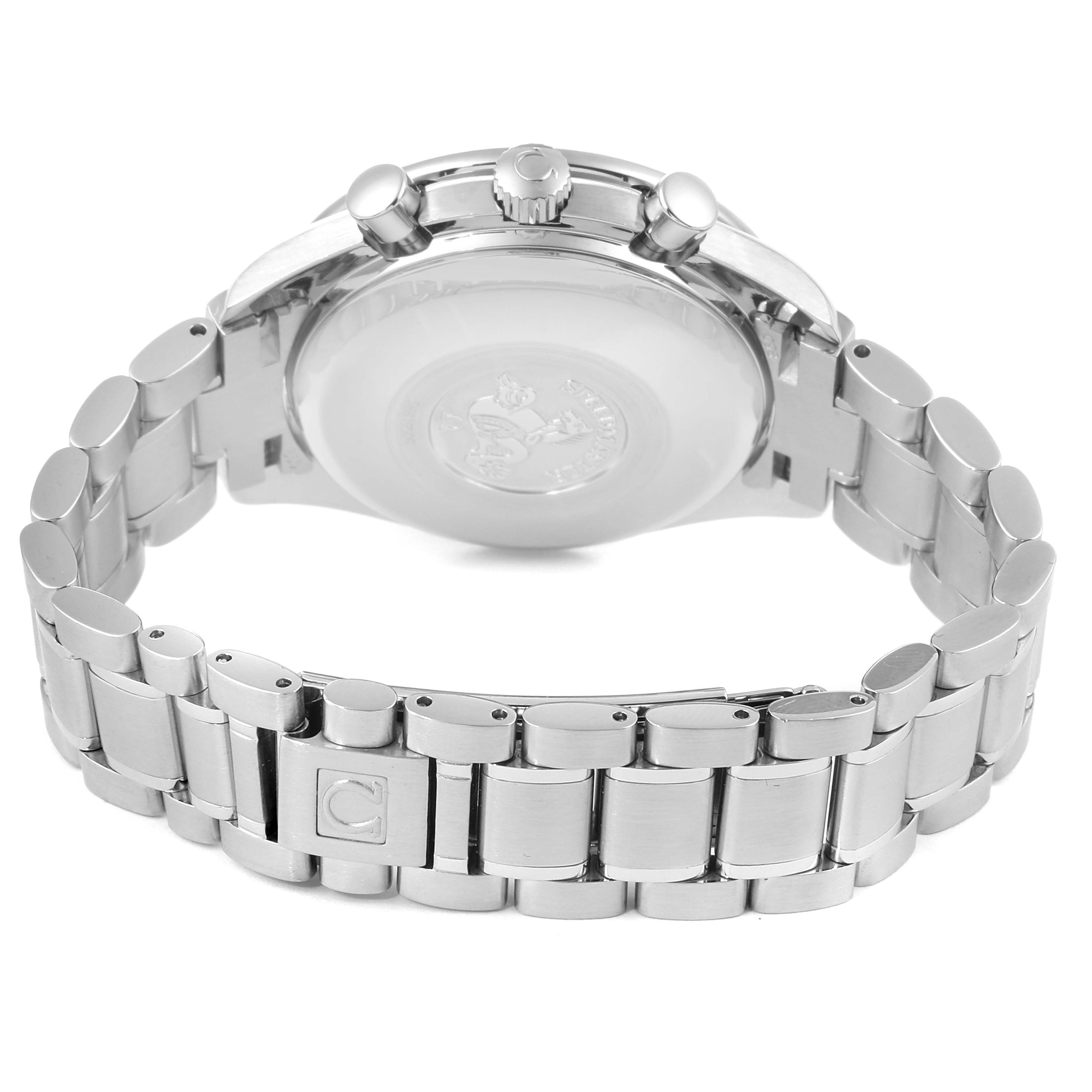 This image shows the back and the bracelet of the Omega Speedmaster 3513.50.00 Men's Stainless Steel Black Dial 3513.50.00 Men's Stainless Steel Black Dial watch from a rear angle.