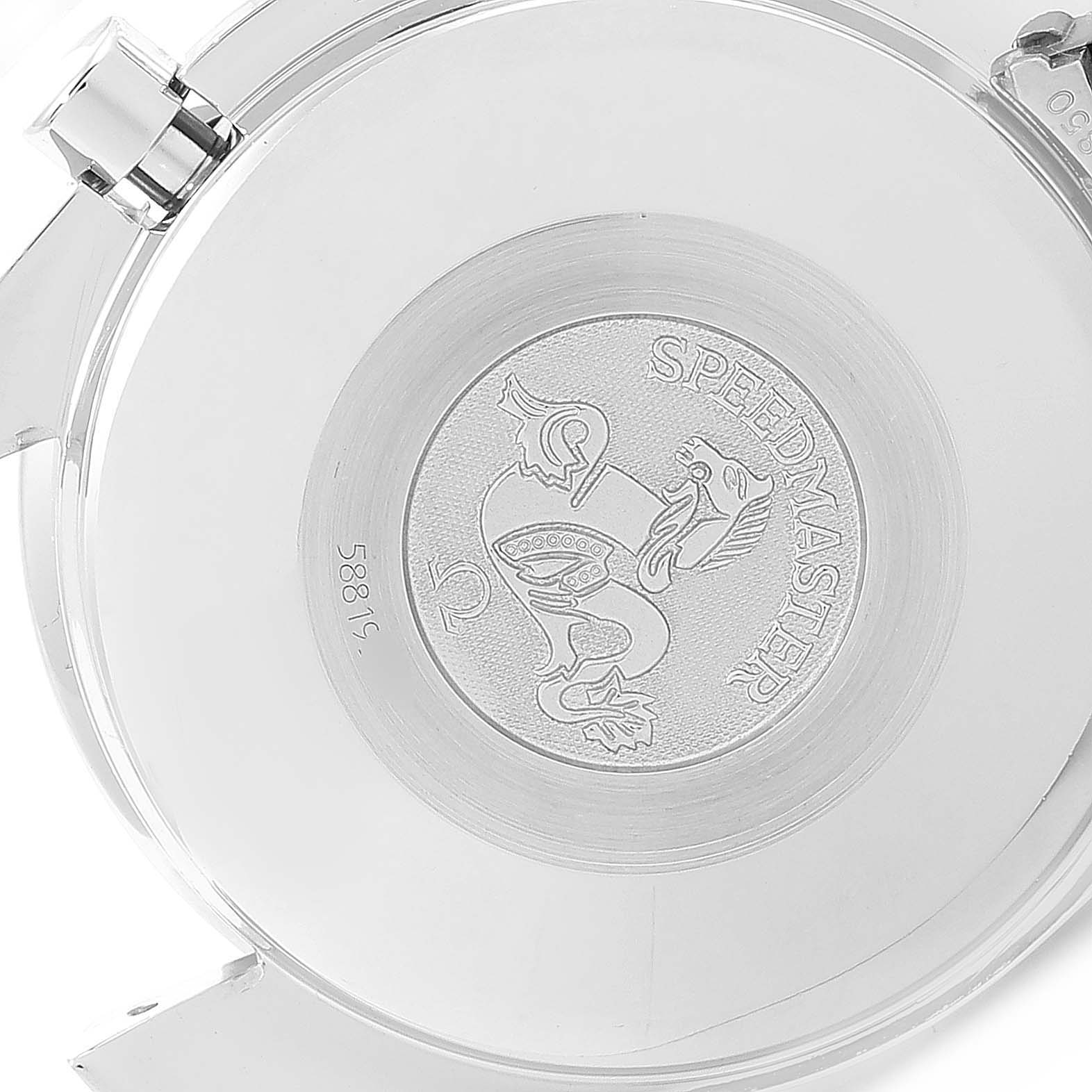 This image shows the case back of an Omega Speedmaster 3513.50.00 Men's Stainless Steel Black Dial 3513.50.00 Men's Stainless Steel Black Dial watch, featuring the embossed logo and serial number.