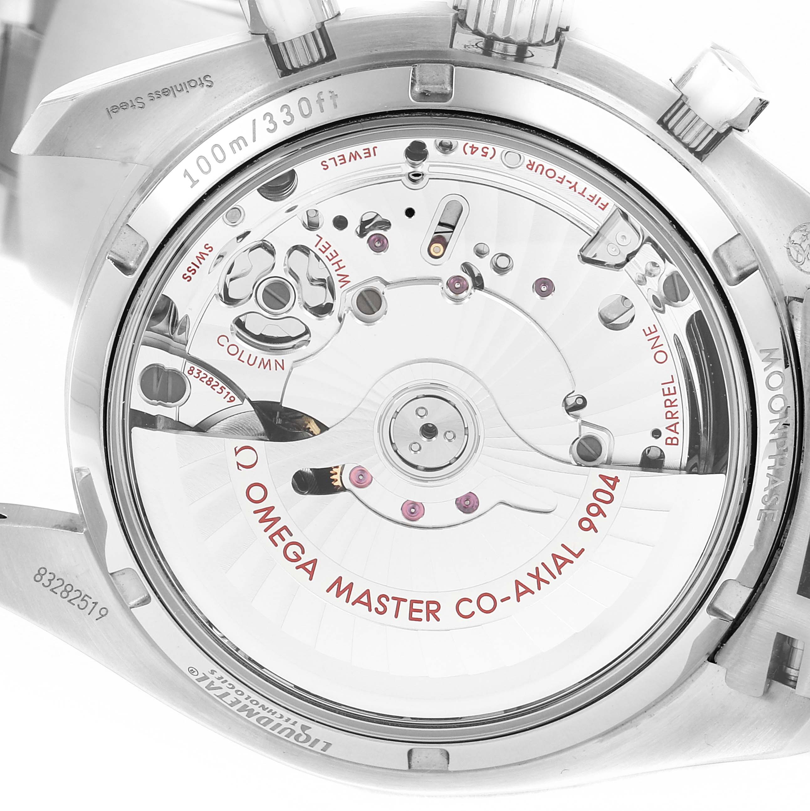 The image shows the back view of an Omega Speedmaster 304.33.44.52.03.001 Men's Stainless Steel Blue Dial 304.33.44.52.03.001 Men's Stainless Steel Blue Dial, highlighting its Master Co-Axial 9904 movement.