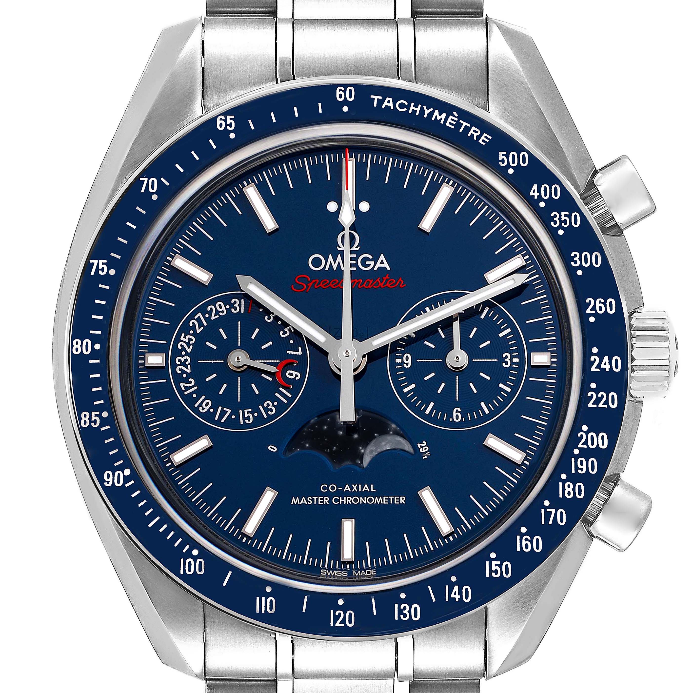 The image shows a front view of the Omega Speedmaster 304.33.44.52.03.001 Men's Stainless Steel Blue Dial 304.33.44.52.03.001 Men's Stainless Steel Blue Dial watch, featuring a blue dial, tachymeter bezel, and additional chronograph subdials.