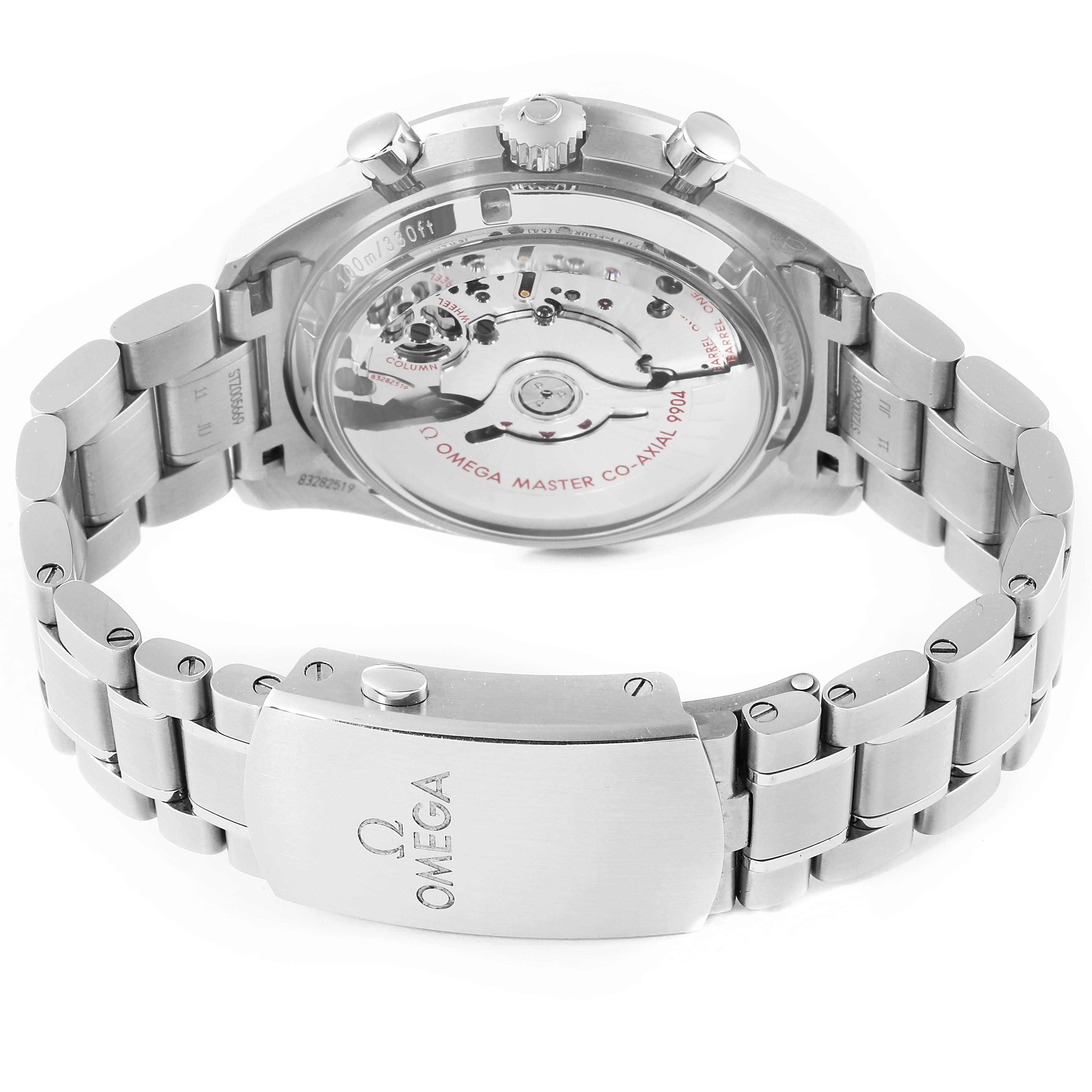 The image shows the back and clasp of an Omega Speedmaster 304.33.44.52.03.001 Men's Stainless Steel Blue Dial 304.33.44.52.03.001 Men's Stainless Steel Blue Dial watch, highlighting the movement and bracelet.