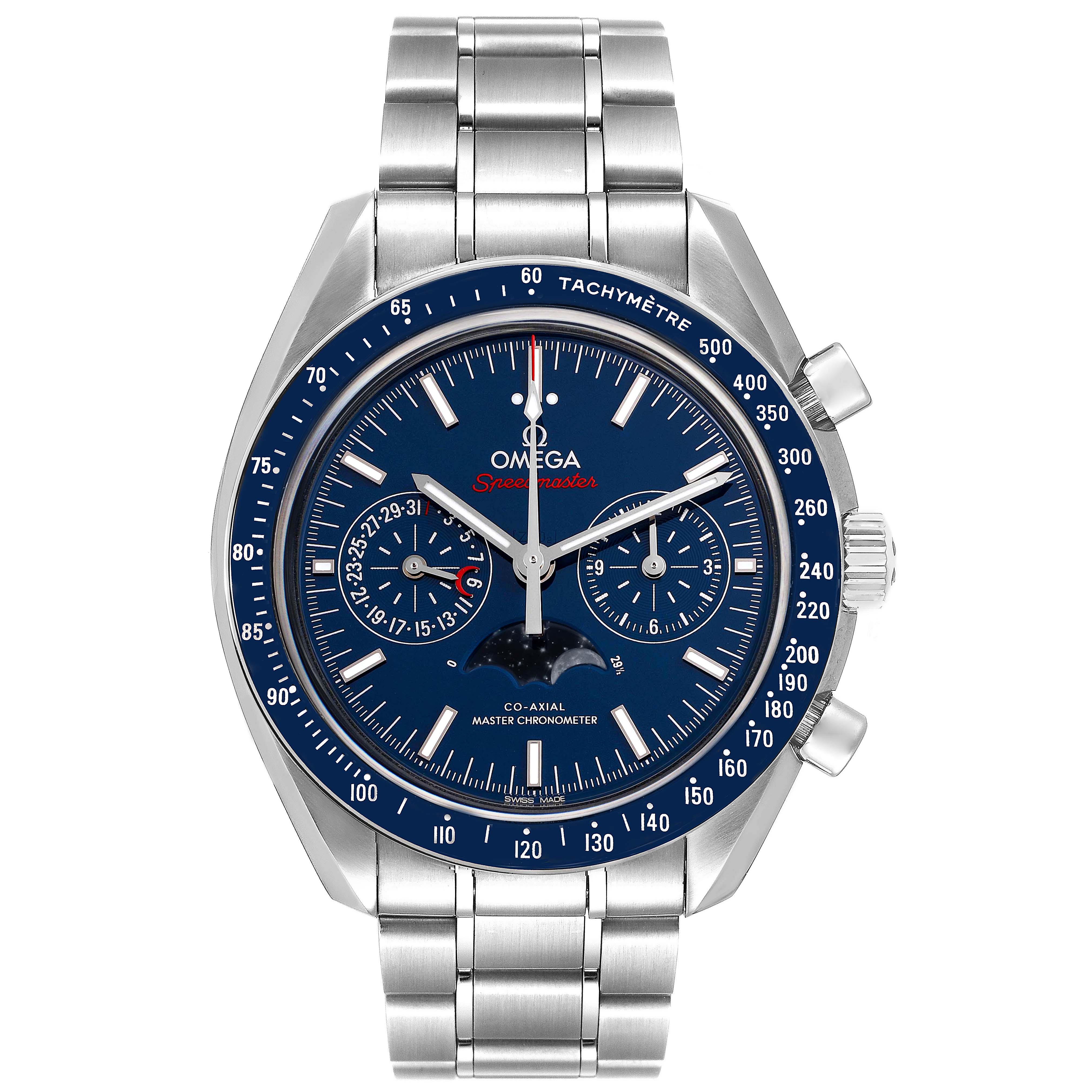 The image shows the Omega Speedmaster 304.33.44.52.03.001 Men's Stainless Steel Blue Dial 304.33.44.52.03.001 Men's Stainless Steel Blue Dial watch from a front angle, displaying its dial, bezel, and bracelet.