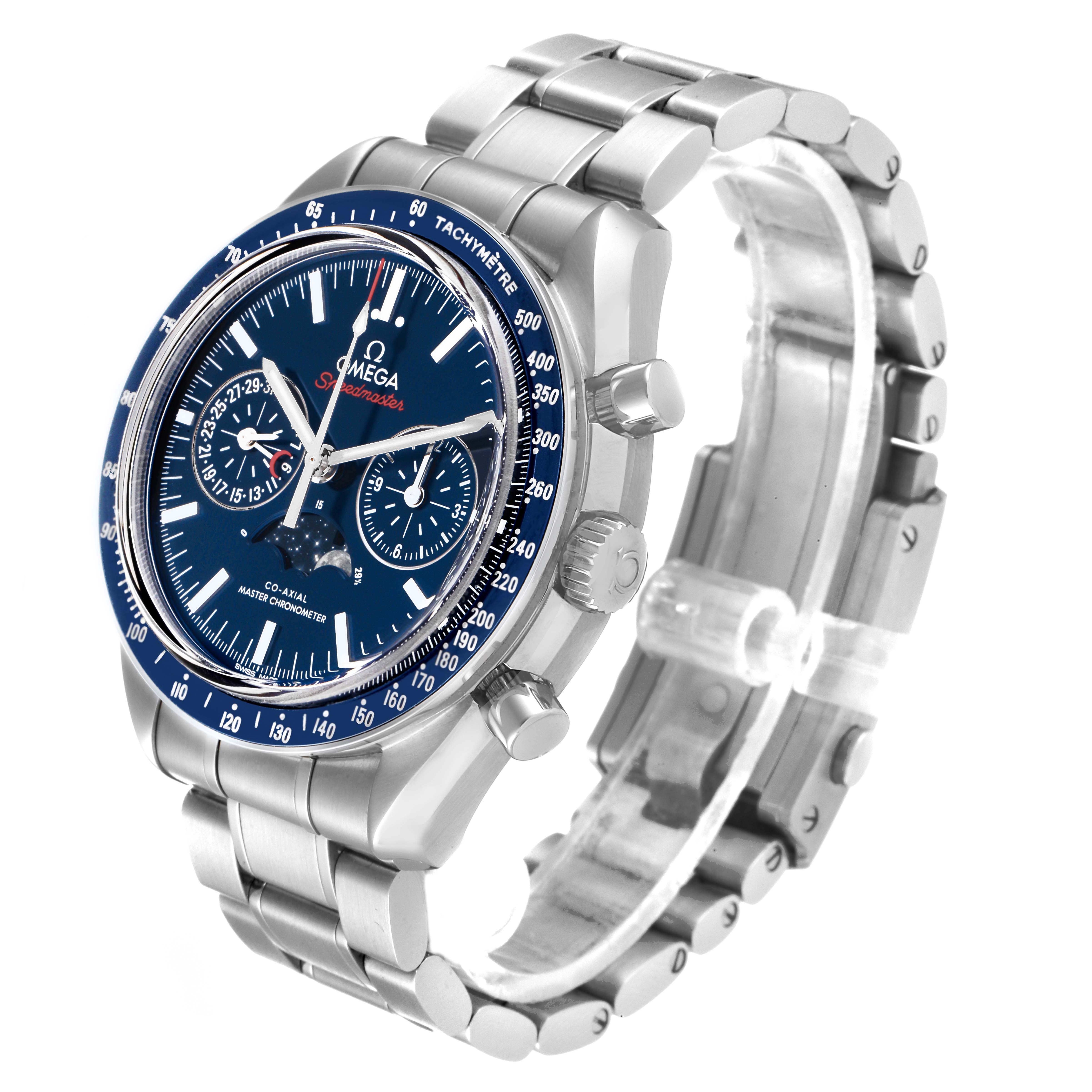 The Omega Speedmaster 304.33.44.52.03.001 Men's Stainless Steel Blue Dial 304.33.44.52.03.001 Men's Stainless Steel Blue Dial watch is shown at a three-quarter angle, highlighting the face, bezel, and metal bracelet.