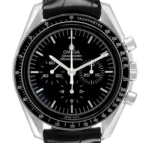 The Omega Speedmaster 311.30.42.30.01.005 Men's Stainless Steel Black Dial watch is shown from a front angle, highlighting the face, bezel, and chronograph pushers.