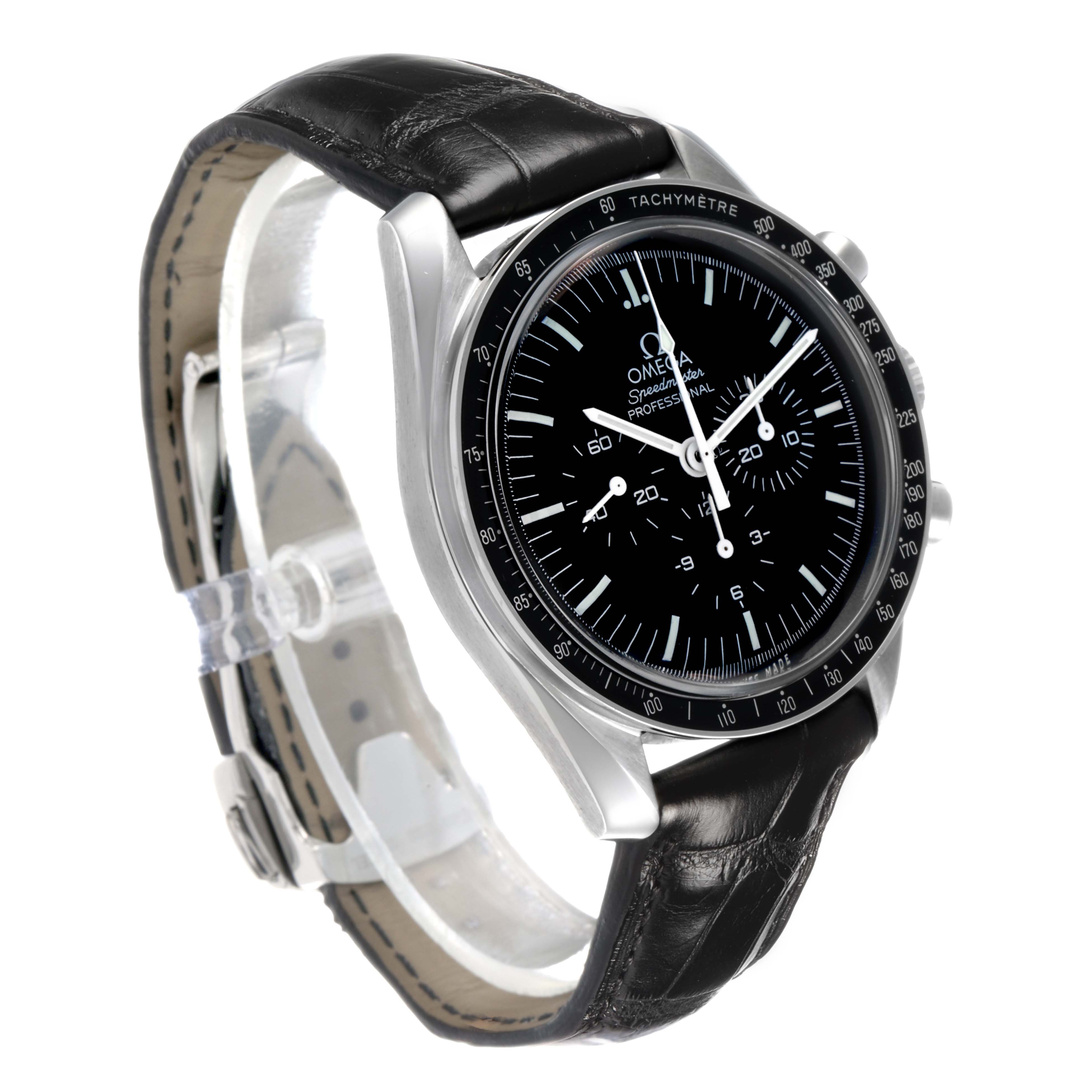 The Omega Speedmaster 311.30.42.30.01.005 Men's Stainless Steel Black Dial watch is shown at a three-quarter angle, highlighting the dial, bezel, and leather strap.