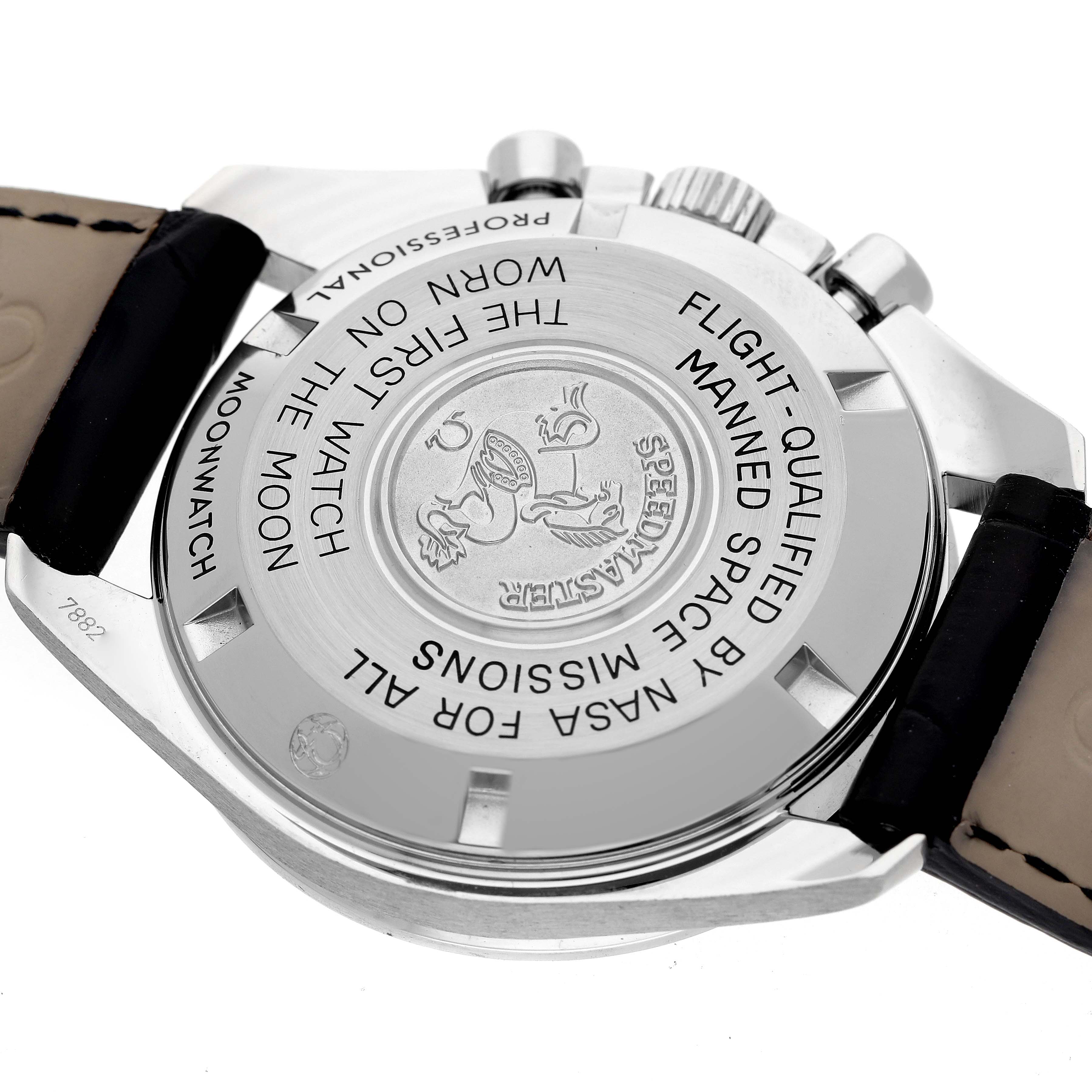 The image shows the back of an Omega Speedmaster 311.30.42.30.01.005 Men's Stainless Steel Black Dial watch with engraved details, crown, and part of the strap visible.