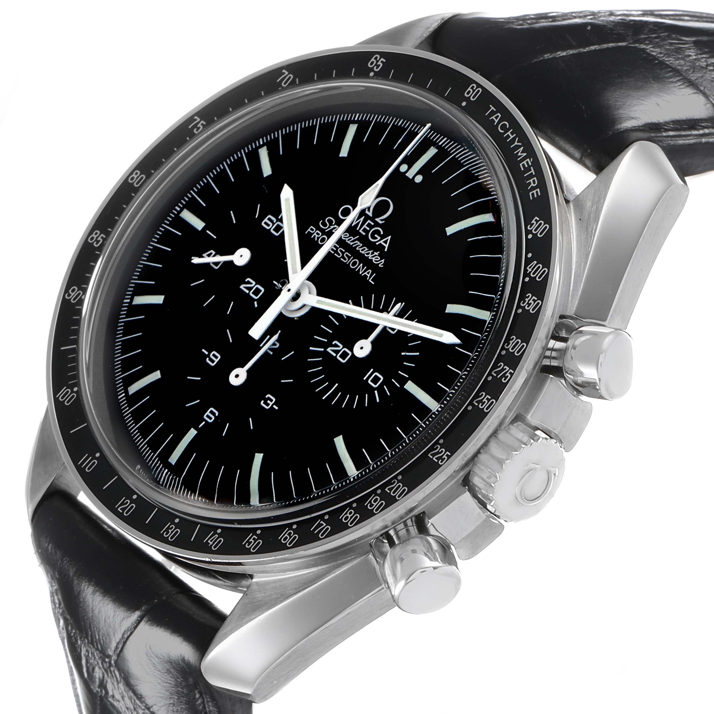 The Omega Speedmaster 311.30.42.30.01.005 Men's Stainless Steel Black Dial is shown at an angle highlighting the face, bezel, crown, and pushers with a leather strap.