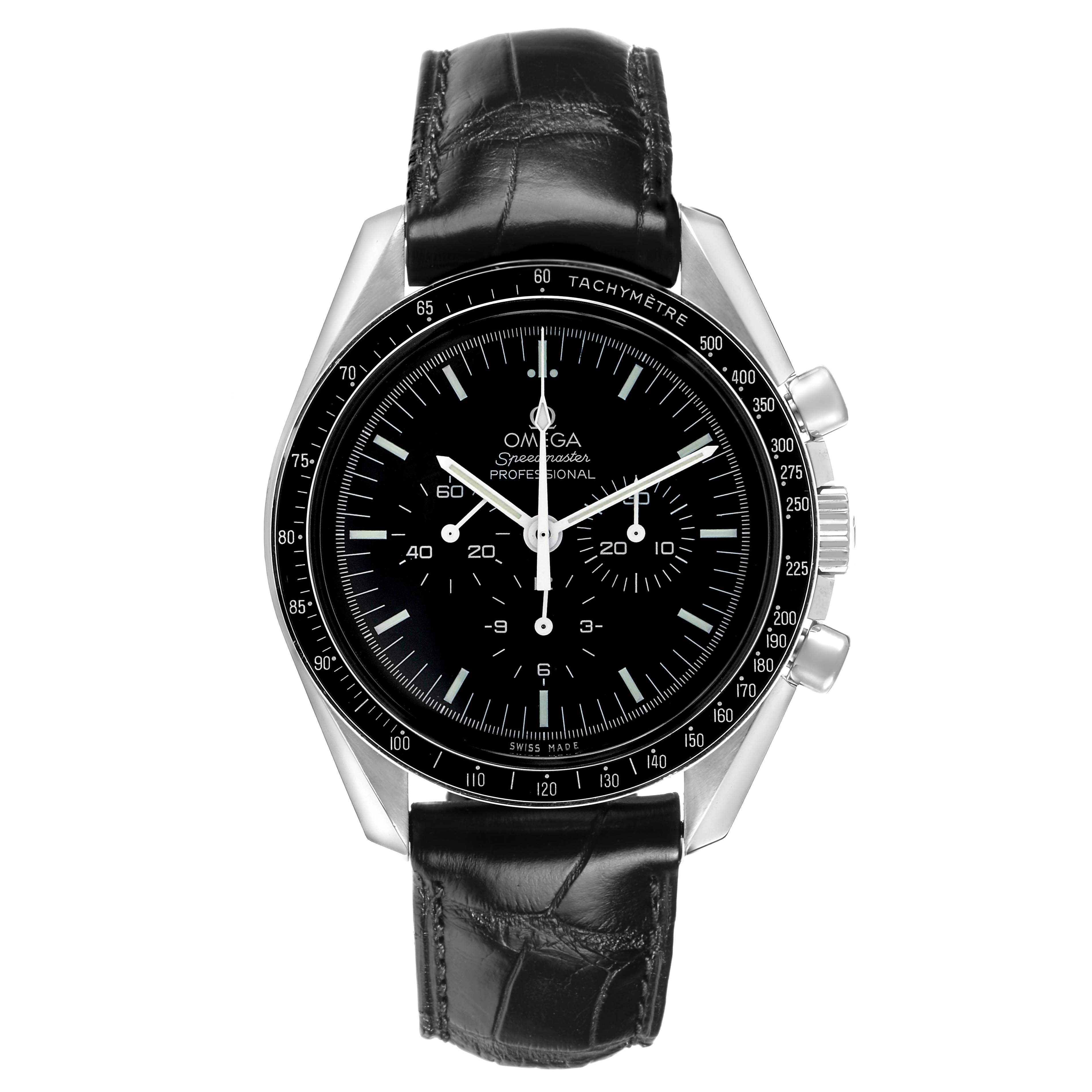 The Omega Speedmaster 311.30.42.30.01.005 Men's Stainless Steel Black Dial watch is shown from a front view, displaying the dial, bezel, chronograph pushers, and leather strap.