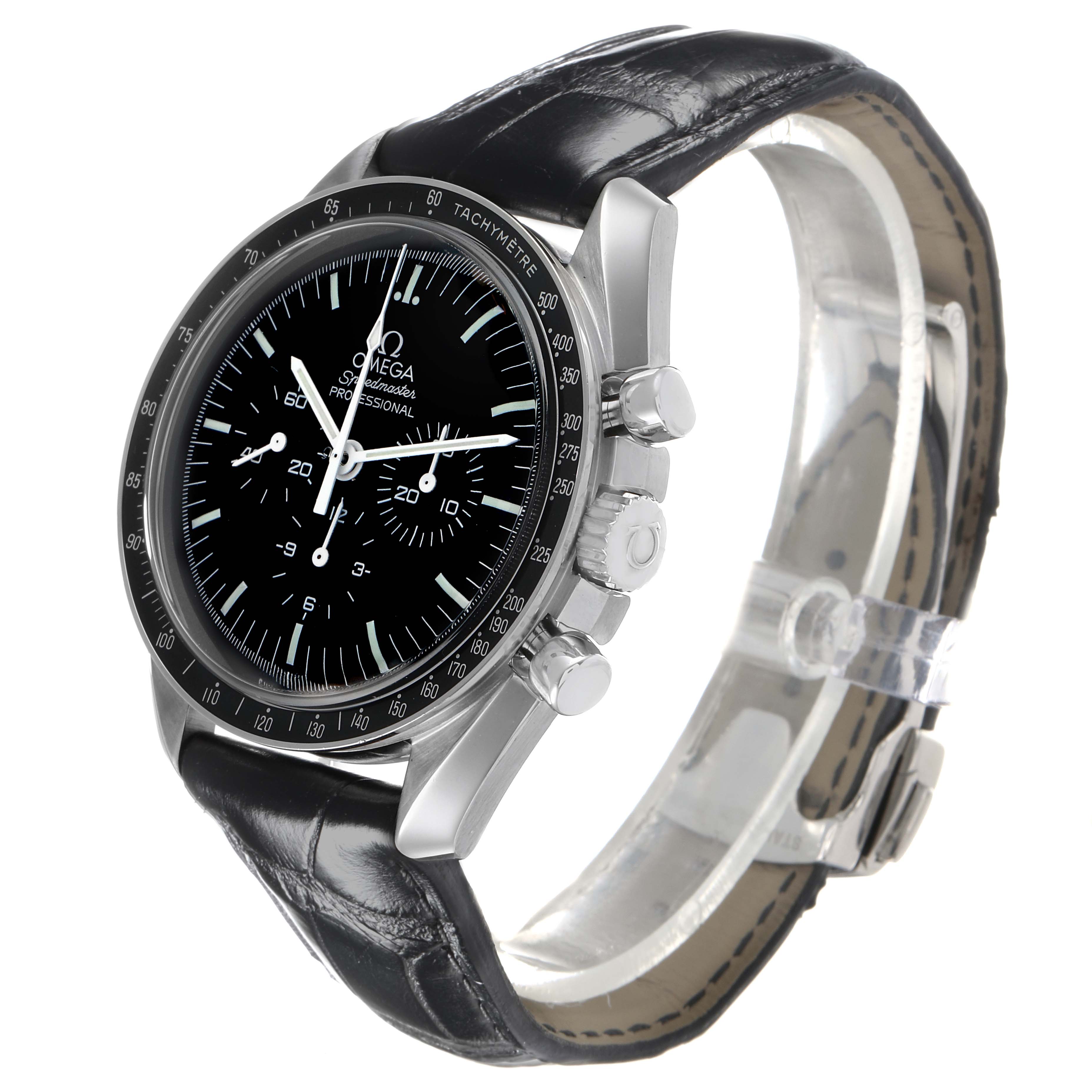 The Omega Speedmaster 311.30.42.30.01.005 Men's Stainless Steel Black Dial watch is shown at a three-quarter angle, displaying the face, bezel, pushers, crown, and leather strap.