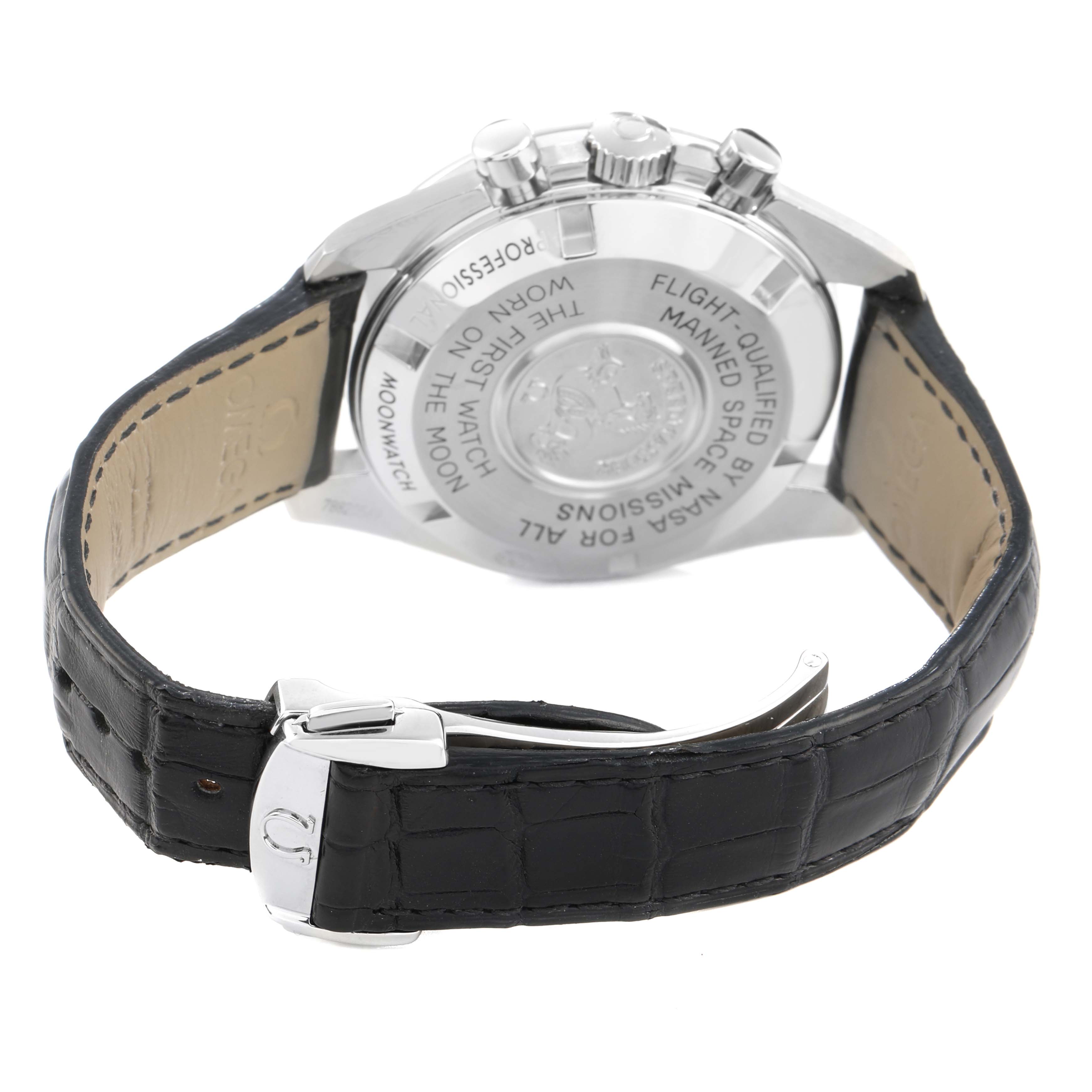 The Omega Speedmaster 311.30.42.30.01.005 Men's Stainless Steel Black Dial is shown from the back, highlighting the case back and its engravings, with the leather strap and buckle visible.
