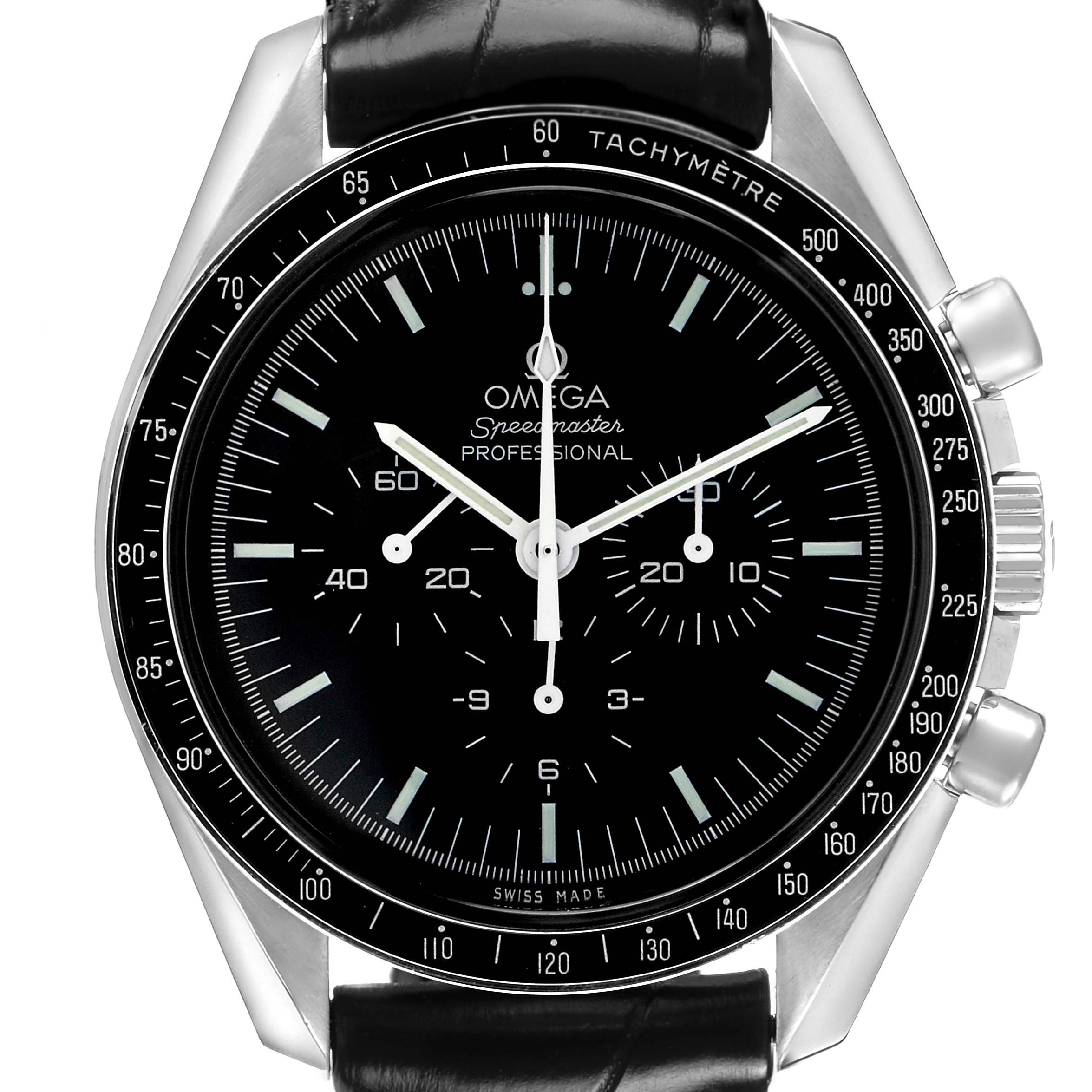 The Omega Speedmaster 311.30.42.30.01.005 Men's Stainless Steel Black Dial watch is shown from a frontal angle with the face, bezel, and part of the leather strap visible.