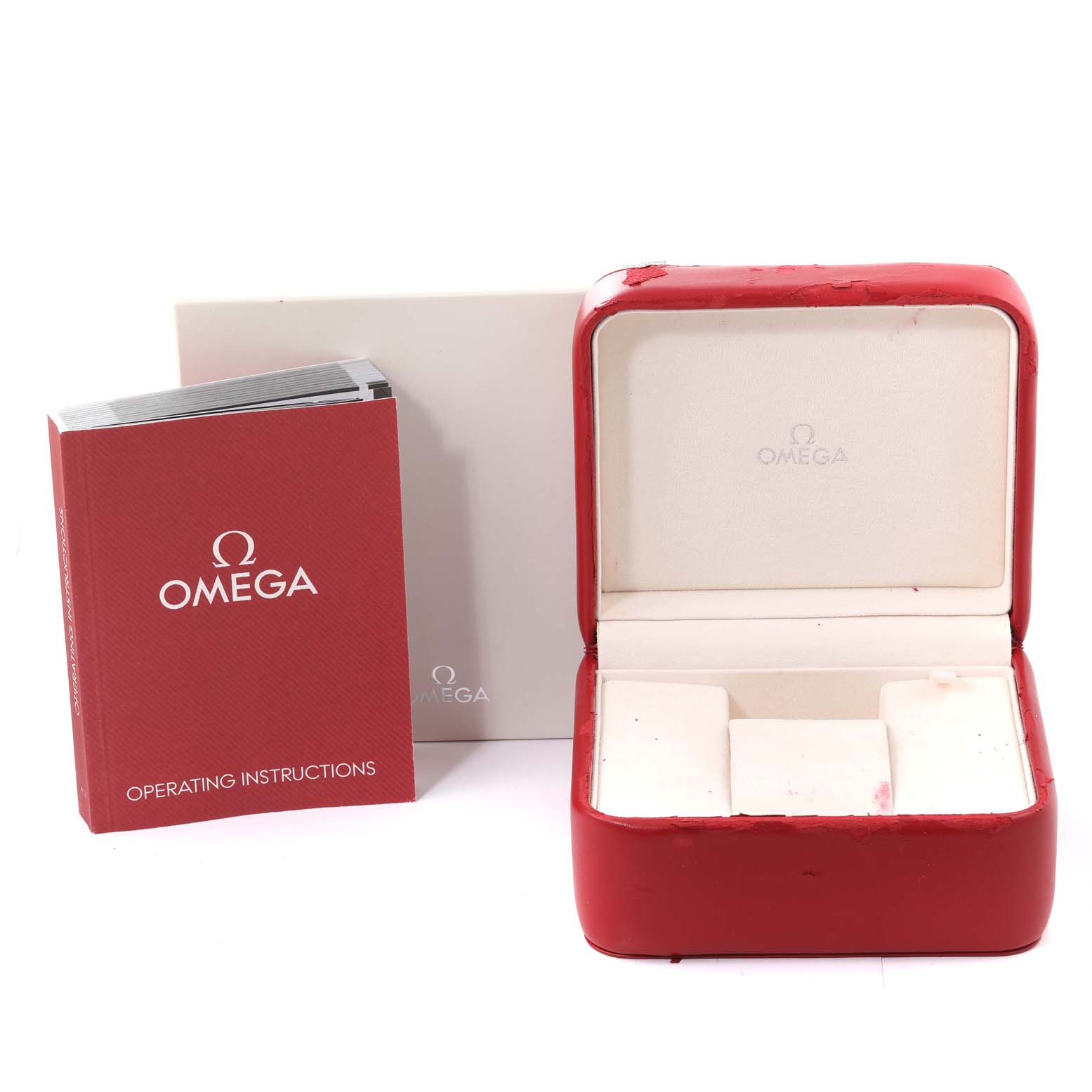 The image shows an open Omega Speedmaster 3592.50.00 Men's Stainless Steel Black Dial 3592.50.00 Men's Stainless Steel Black Dial watch box and its operating instructions booklet.