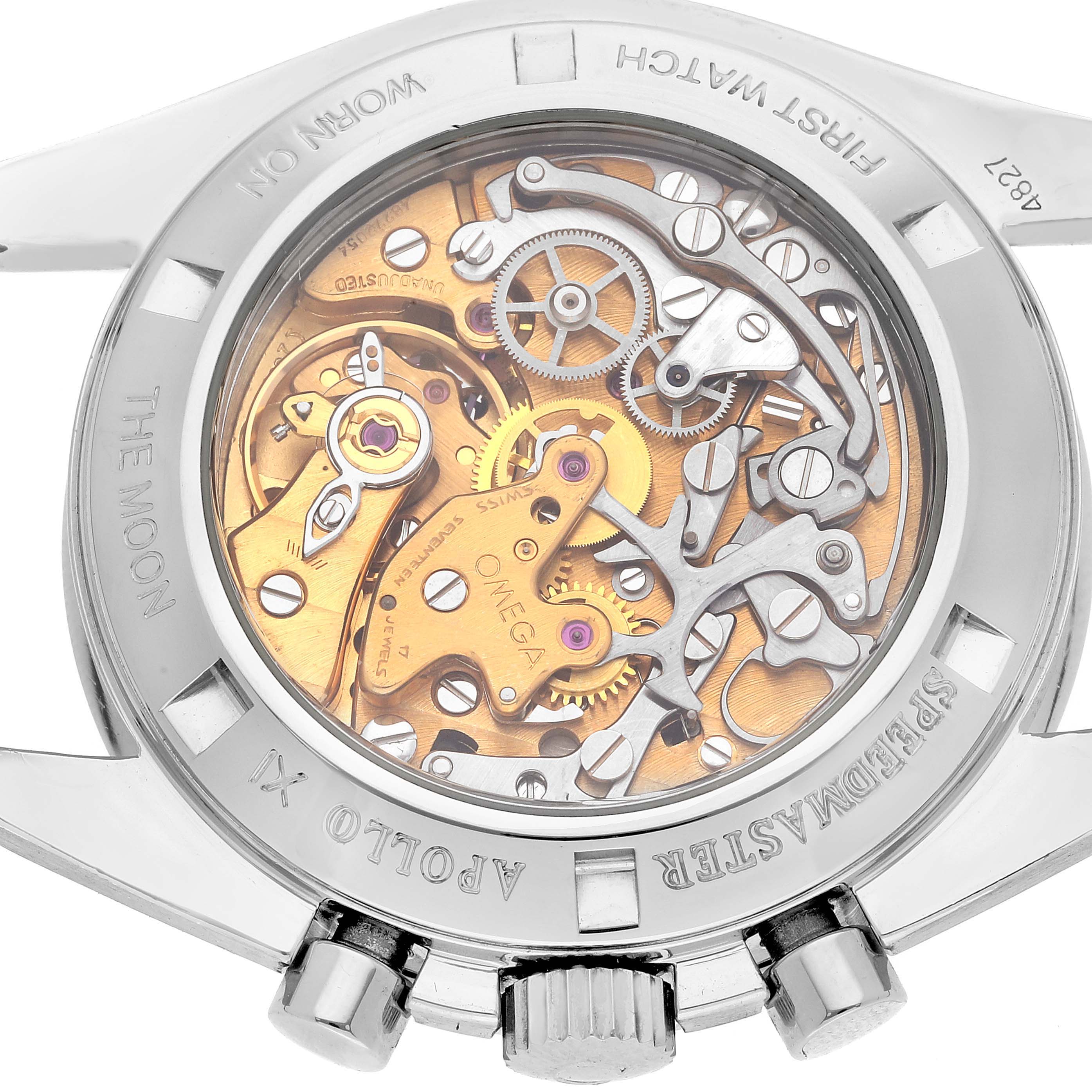 The image shows the case back and internal movement of an Omega Speedmaster 3592.50.00 Men's Stainless Steel Black Dial 3592.50.00 Men's Stainless Steel Black Dial watch, highlighting the intricate mechanical parts.