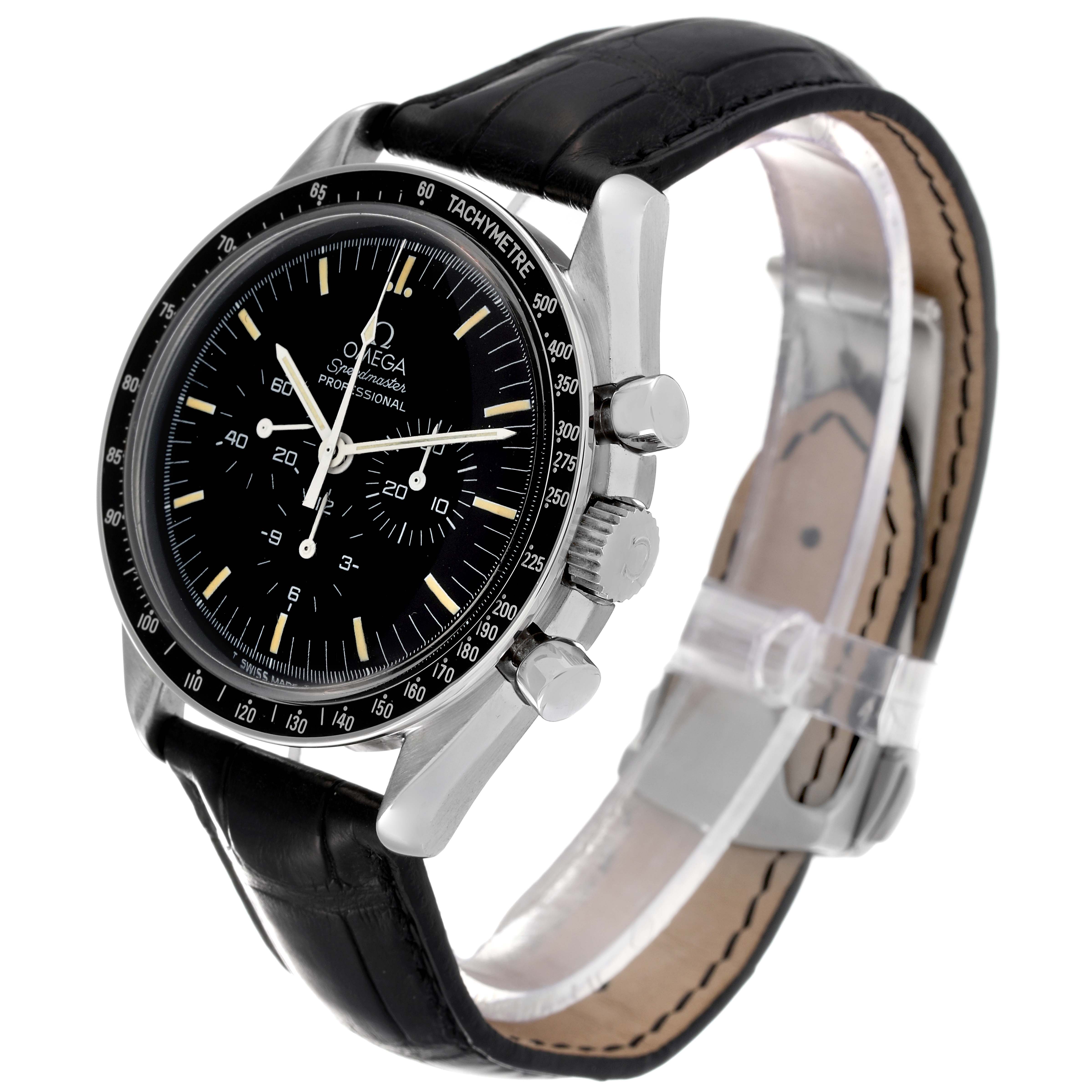 The image shows an angled view of the Omega Speedmaster 3592.50.00 Men's Stainless Steel Black Dial 3592.50.00 Men's Stainless Steel Black Dial watch, highlighting its black dial, chronograph sub-dials, and black leather strap.