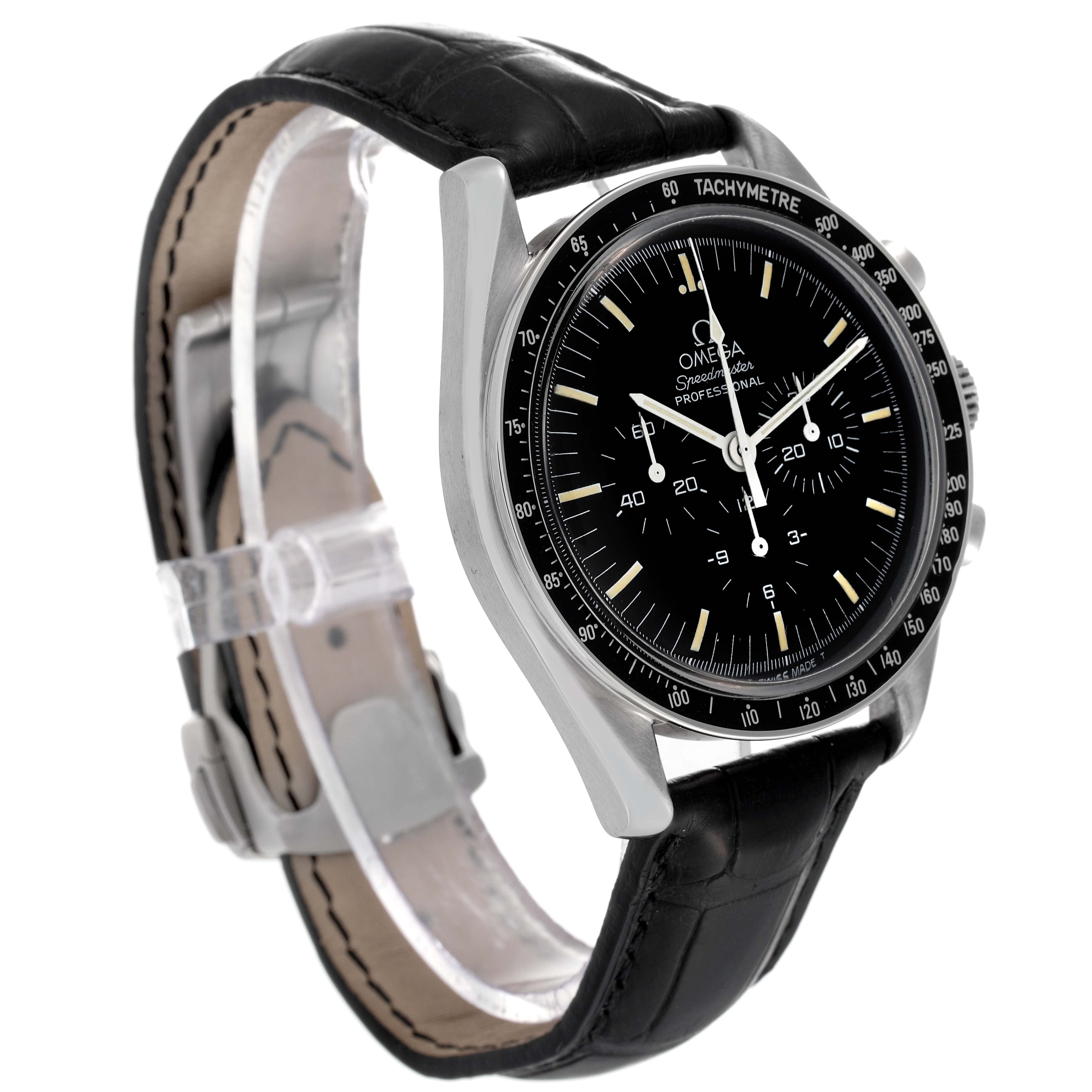 The image shows an Omega Speedmaster 3592.50.00 Men's Stainless Steel Black Dial 3592.50.00 Men's Stainless Steel Black Dial watch angled from the front side, highlighting the dial, bezel, and leather strap.