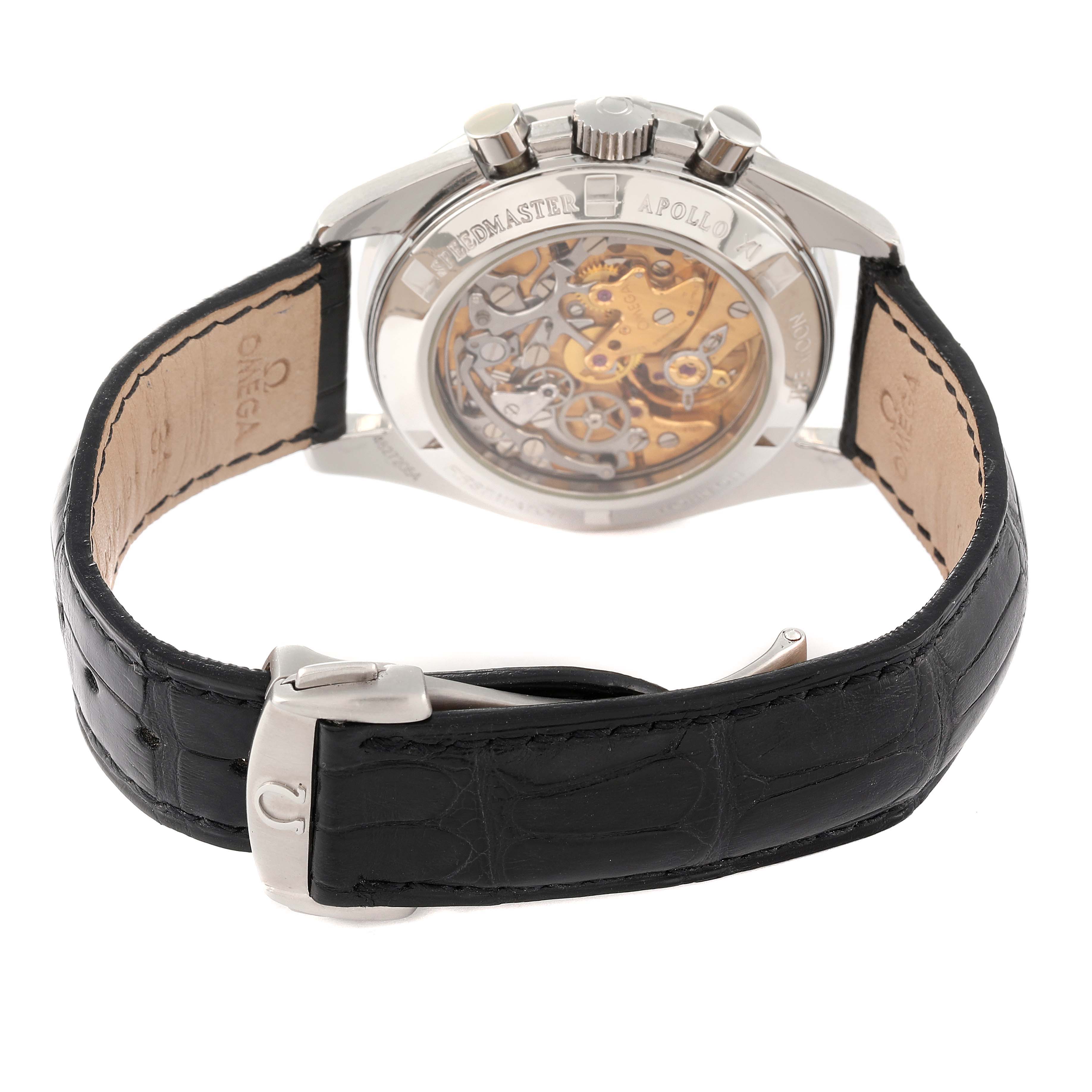 The image shows the back of the Omega Speedmaster 3592.50.00 Men's Stainless Steel Black Dial 3592.50.00 Men's Stainless Steel Black Dial watch, highlighting the exposed movement and black leather strap.