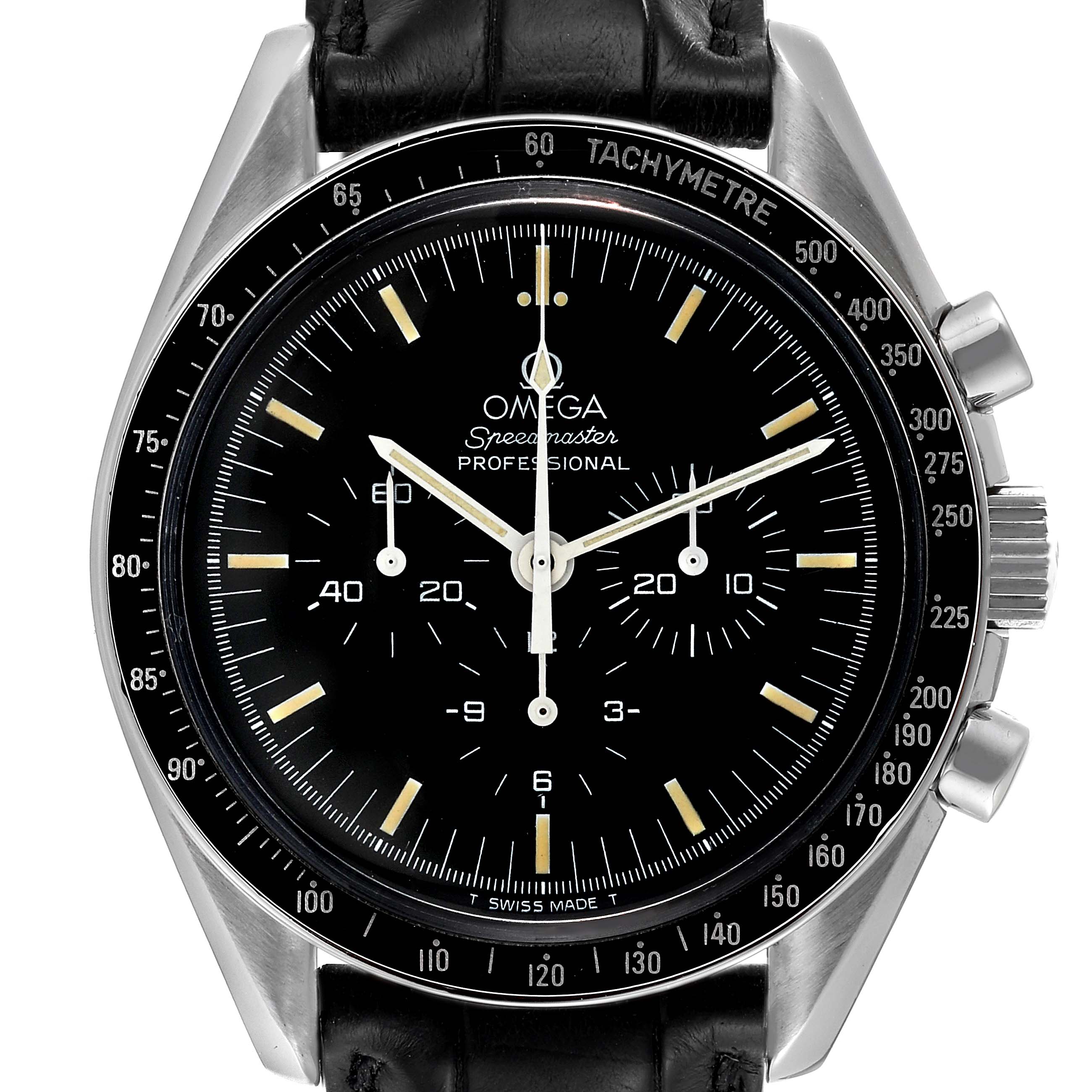 The image shows a front view of an Omega Speedmaster 3592.50.00 Men's Stainless Steel Black Dial 3592.50.00 Men's Stainless Steel Black Dial's black dial, tachymeter bezel, and chronograph subdials.