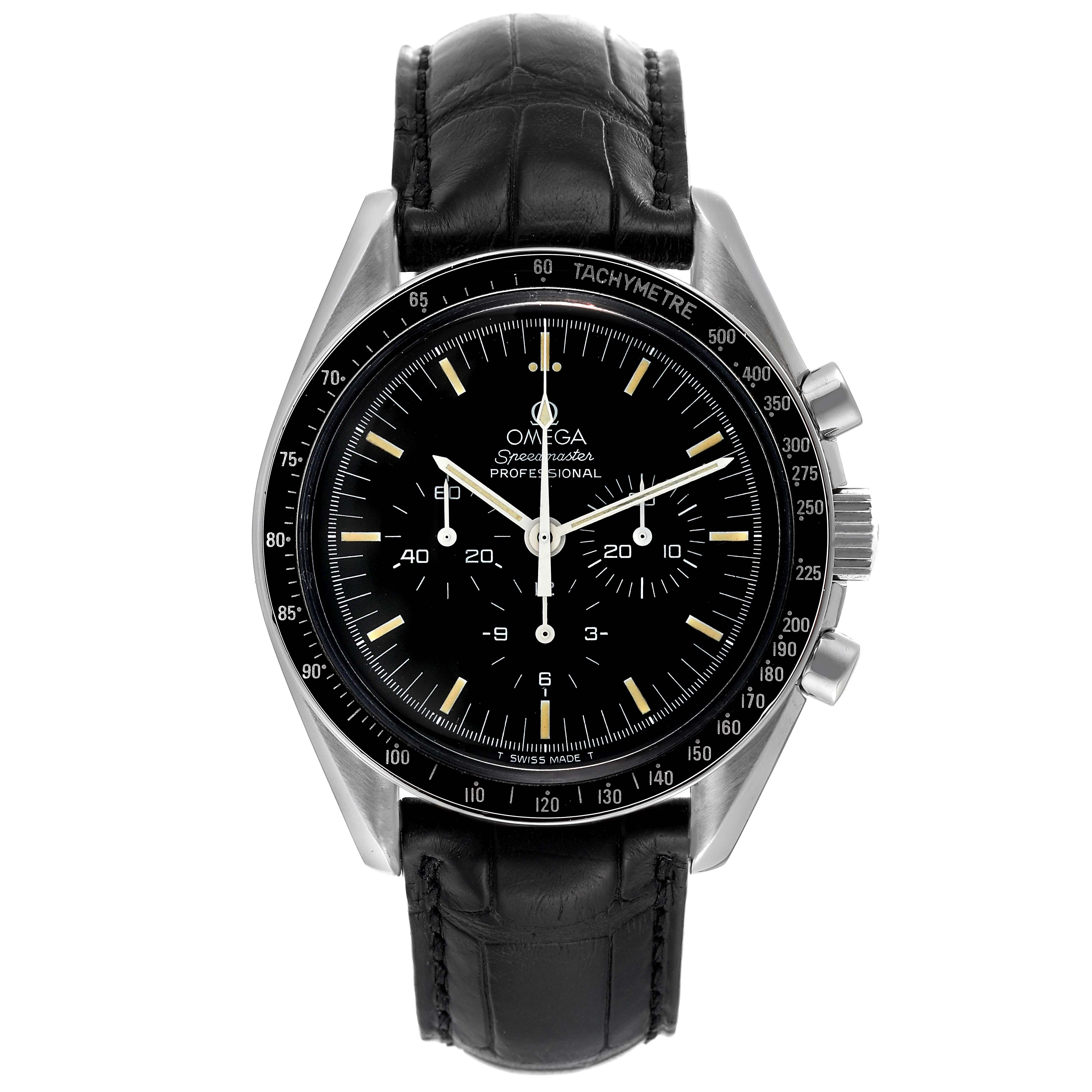 The image shows a front view of an Omega Speedmaster 3592.50.00 Men's Stainless Steel Black Dial 3592.50.00 Men's Stainless Steel Black Dial watch with a black leather strap and a black dial.