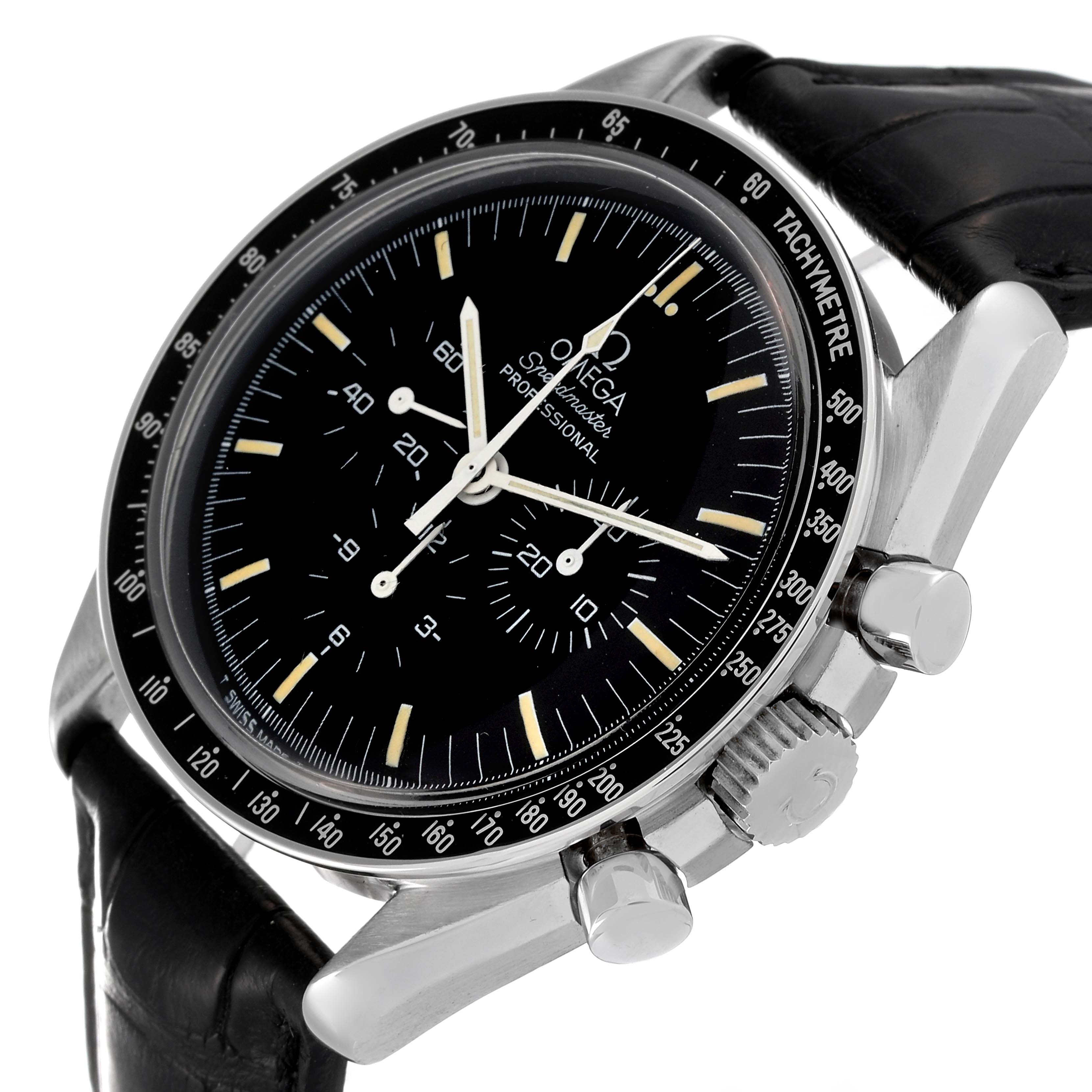 The Omega Speedmaster 3592.50.00 Men's Stainless Steel Black Dial 3592.50.00 Men's Stainless Steel Black Dial watch is shown at an angled side view, highlighting the dial, chronograph, and crown with pushers.