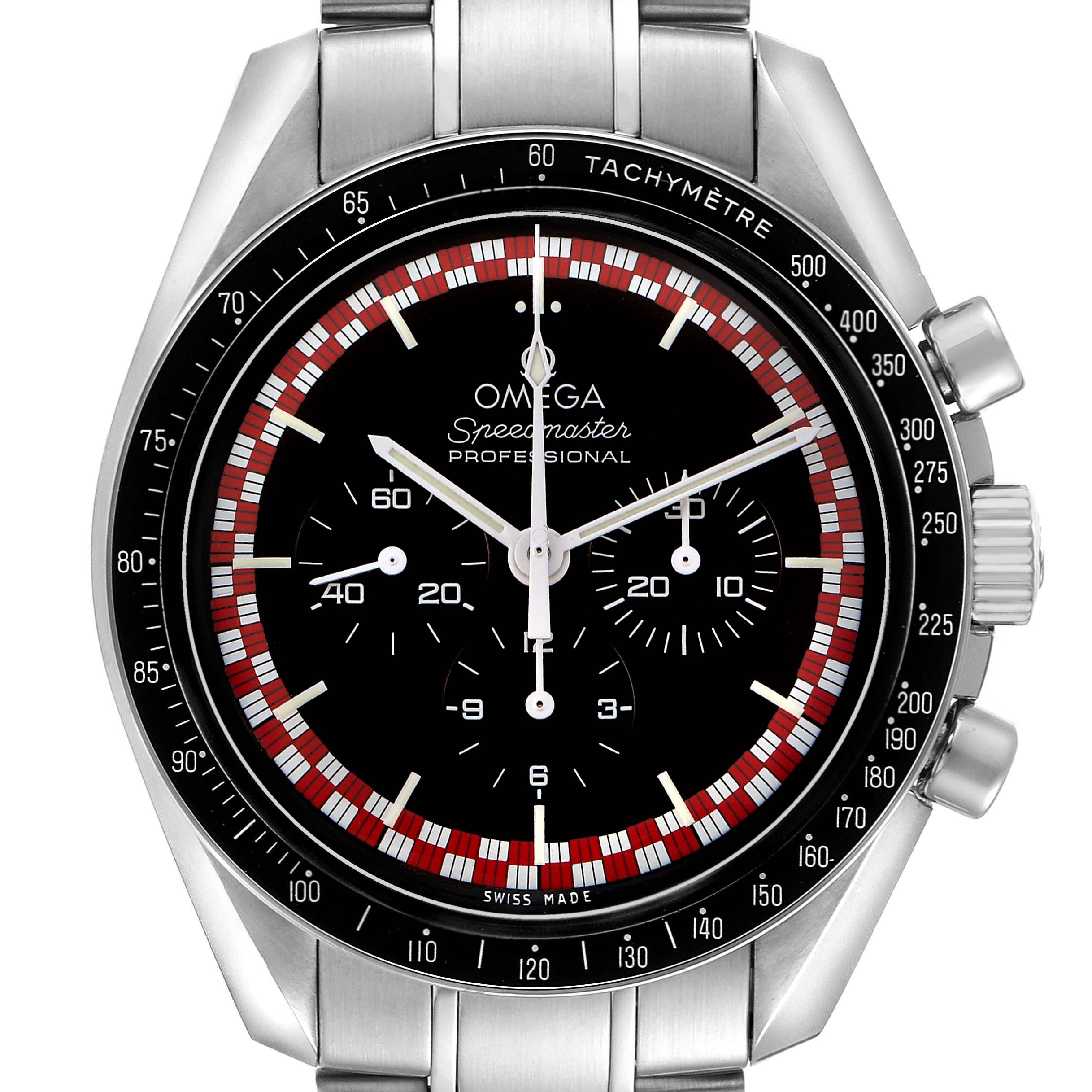 The Omega Speedmaster 311.30.42.30.01.004 Men's Stainless Steel Black Dial watch is shown from the front, displaying the dial and tachymeter bezel.