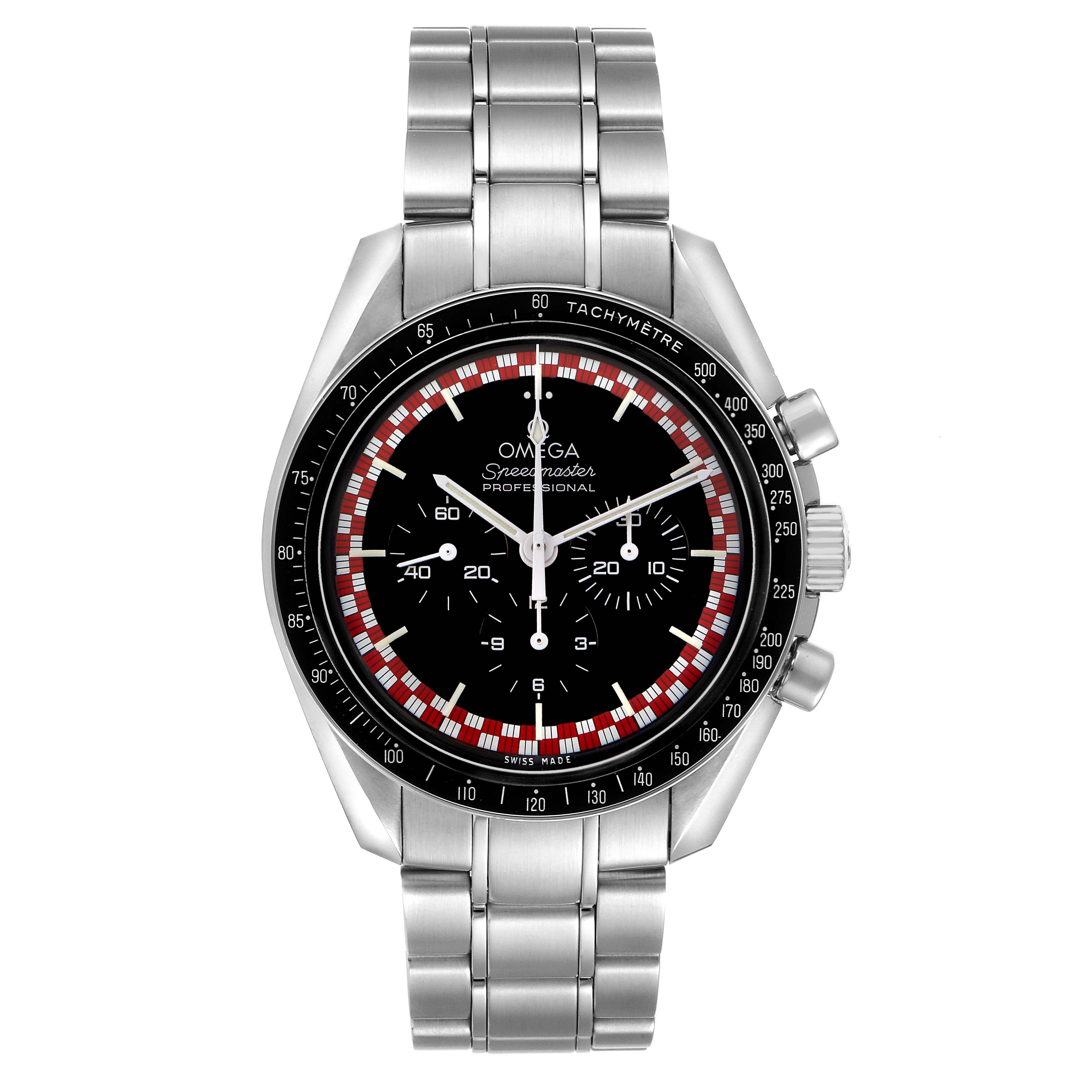The Omega Speedmaster 311.30.42.30.01.004 Men's Stainless Steel Black Dial watch is shown from a top-down angle, displaying its face, bezel, and bracelet.