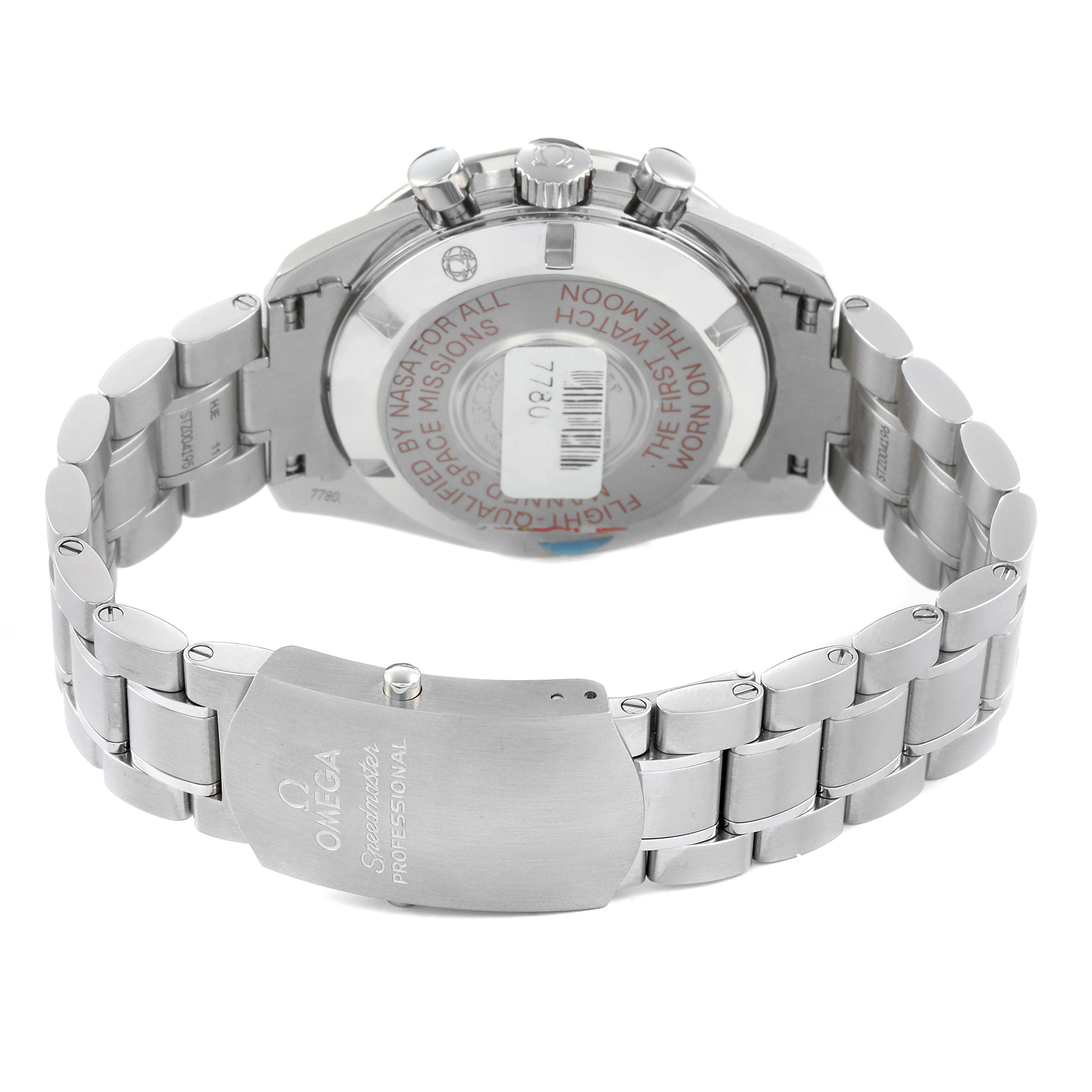 The Omega Speedmaster 311.30.42.30.01.004 Men's Stainless Steel Black Dial watch is shown from the back, highlighting the case back and the stainless steel bracelet with clasp.