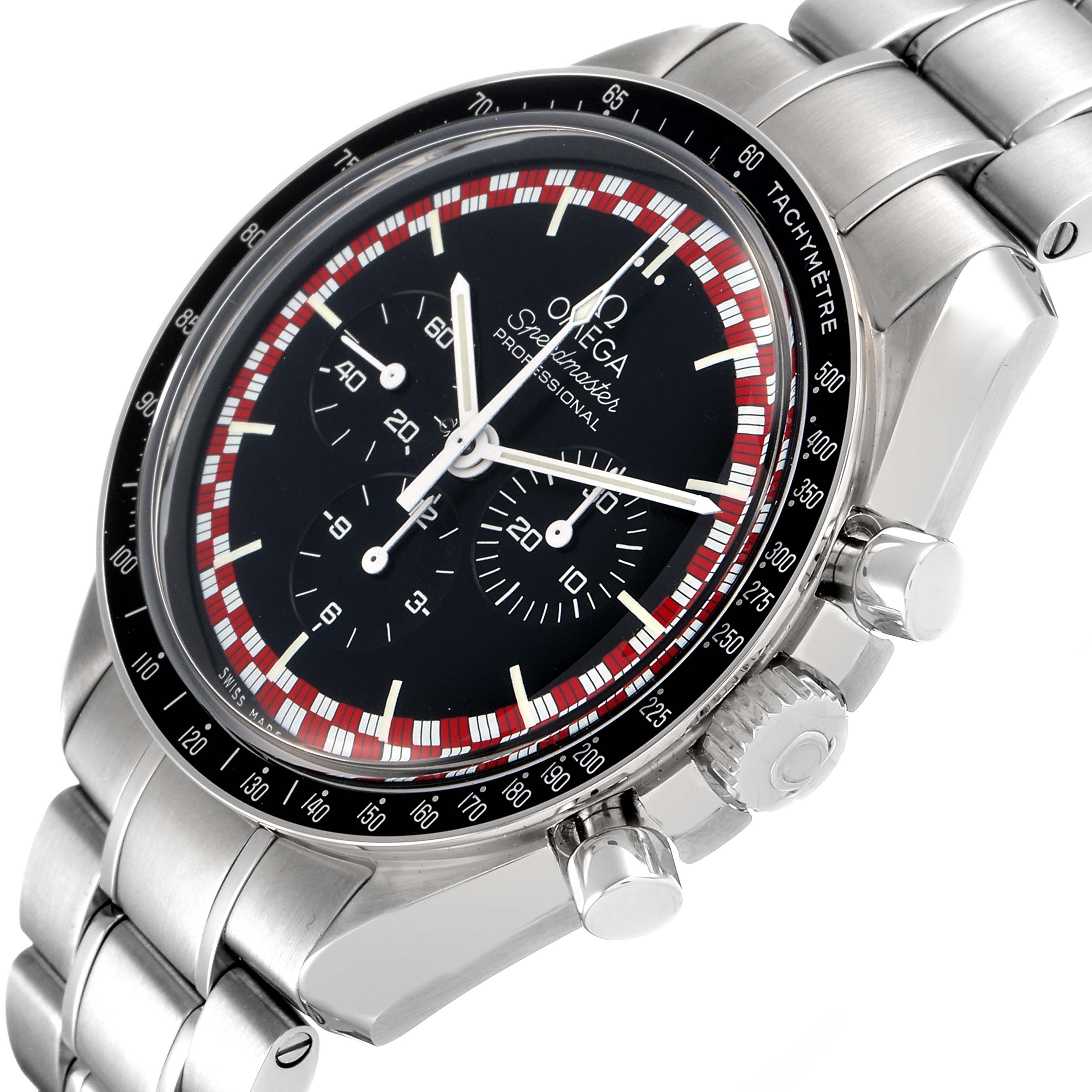 The Omega Speedmaster 311.30.42.30.01.004 Men's Stainless Steel Black Dial watch is shown at an angle highlighting its face, bezel, subdials, and stainless steel bracelet.