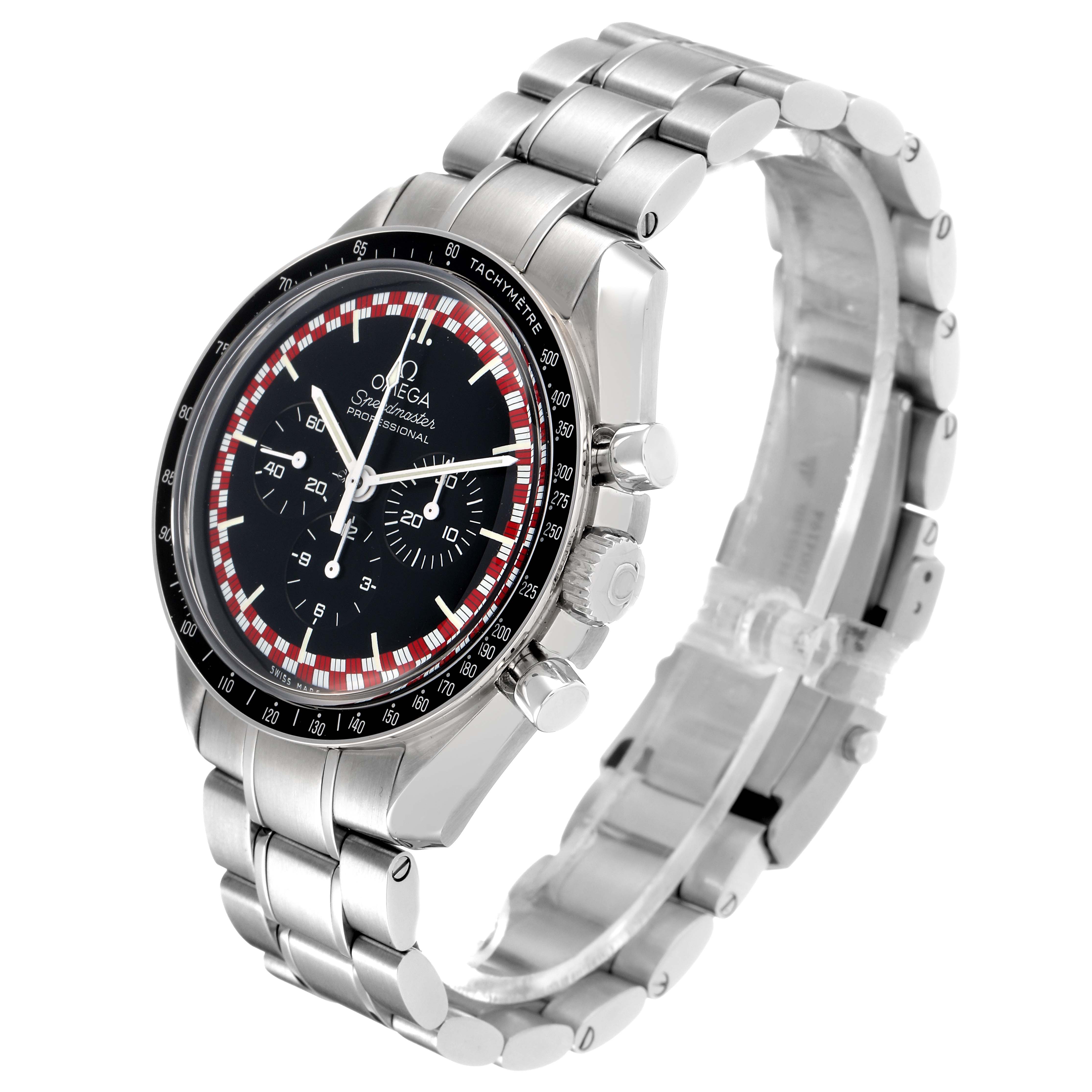 The Omega Speedmaster 311.30.42.30.01.004 Men's Stainless Steel Black Dial watch is shown at a three-quarter angle, highlighting the dial, bezel, crown, and bracelet.