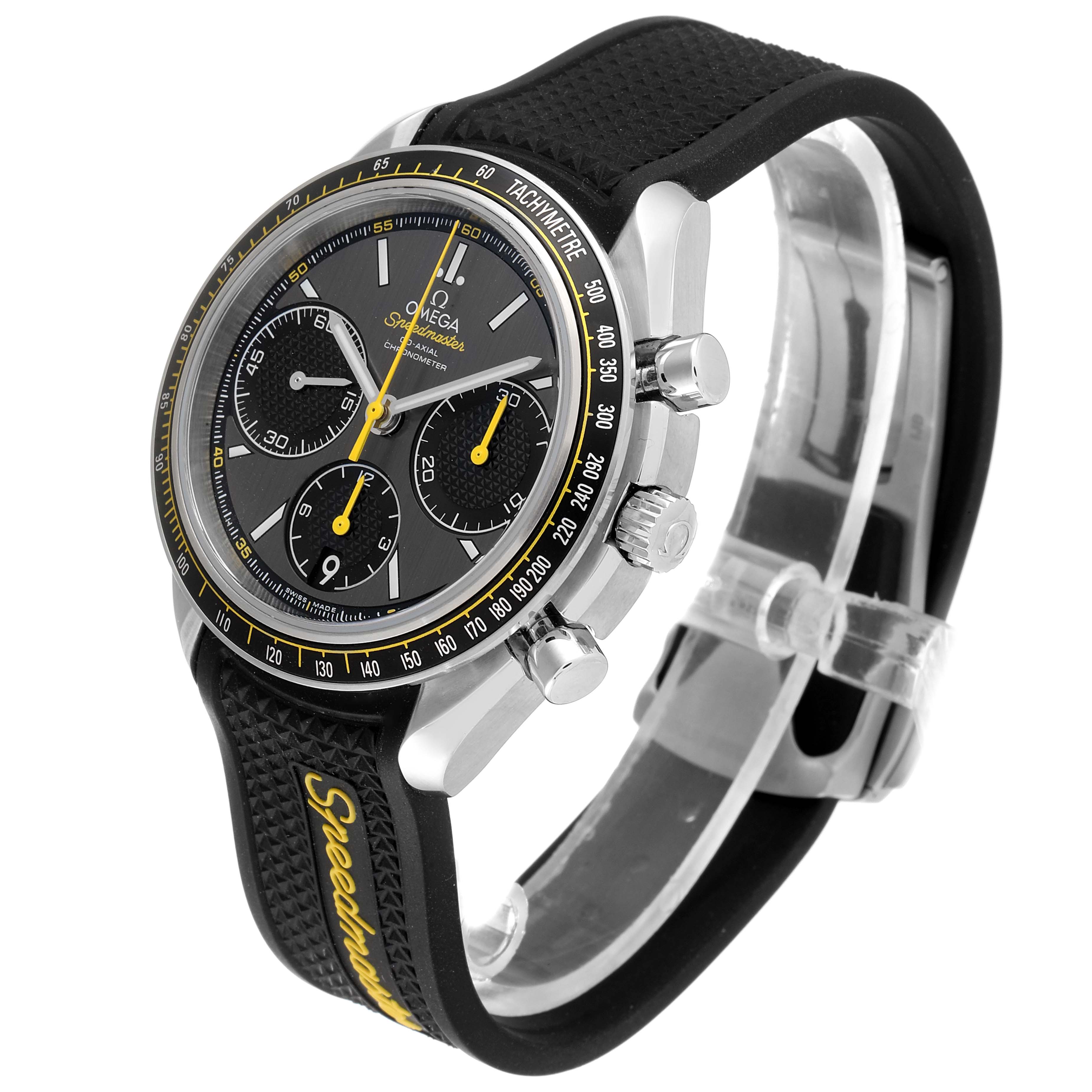 The image shows an angled view of the Omega Speedmaster 326.32.40.50.06.001 Men
s Stainless Steel Grey Dial 326.32.40.50.06.001 Men
s Stainless Steel Grey Dial watch, highlighting the dial, bezel, pushers, and black rubber strap.