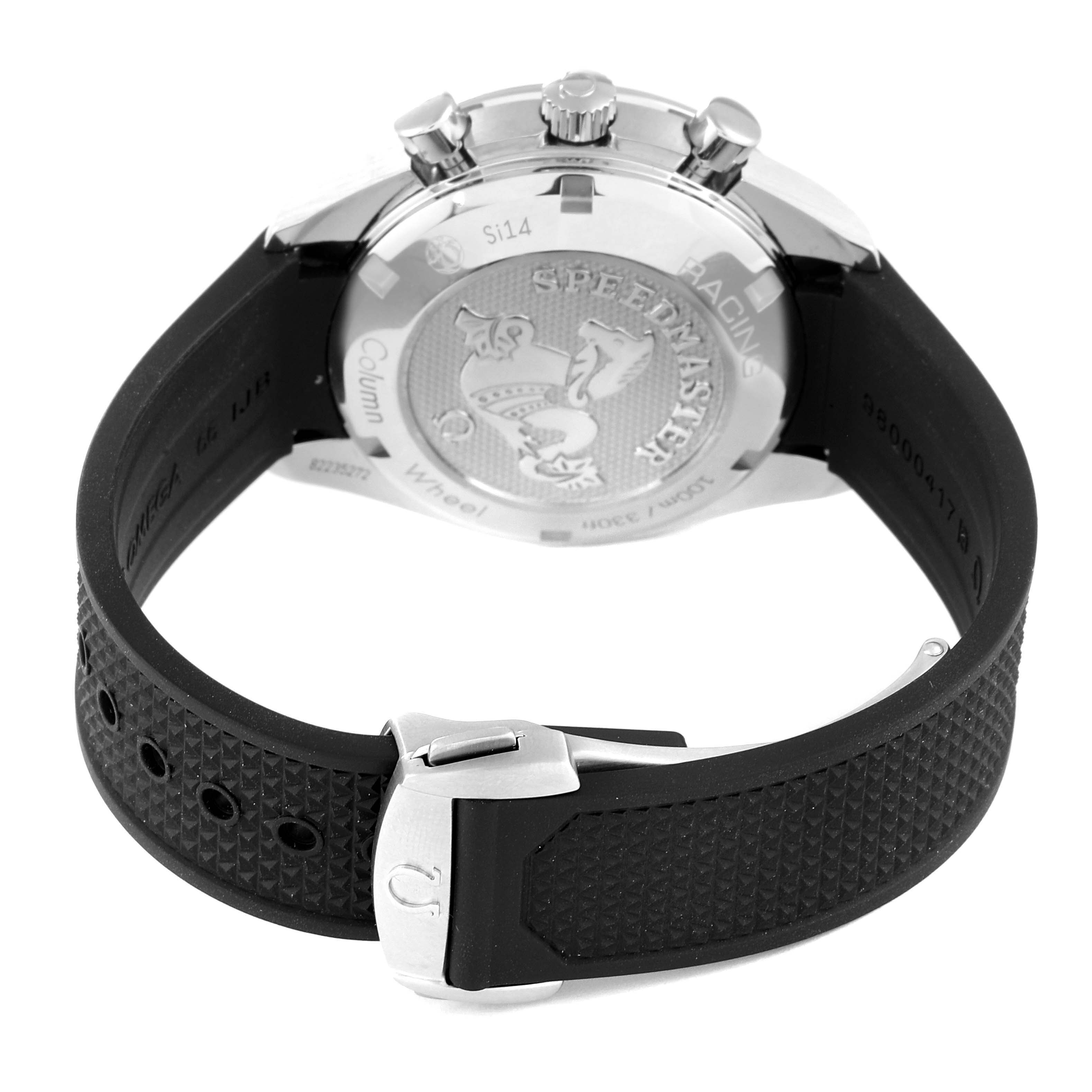 The image shows the back view of an Omega Speedmaster 326.32.40.50.06.001 Men
s Stainless Steel Grey Dial 326.32.40.50.06.001 Men
s Stainless Steel Grey Dial watch, highlighting the case back, pushers, and rubber strap with buckle.