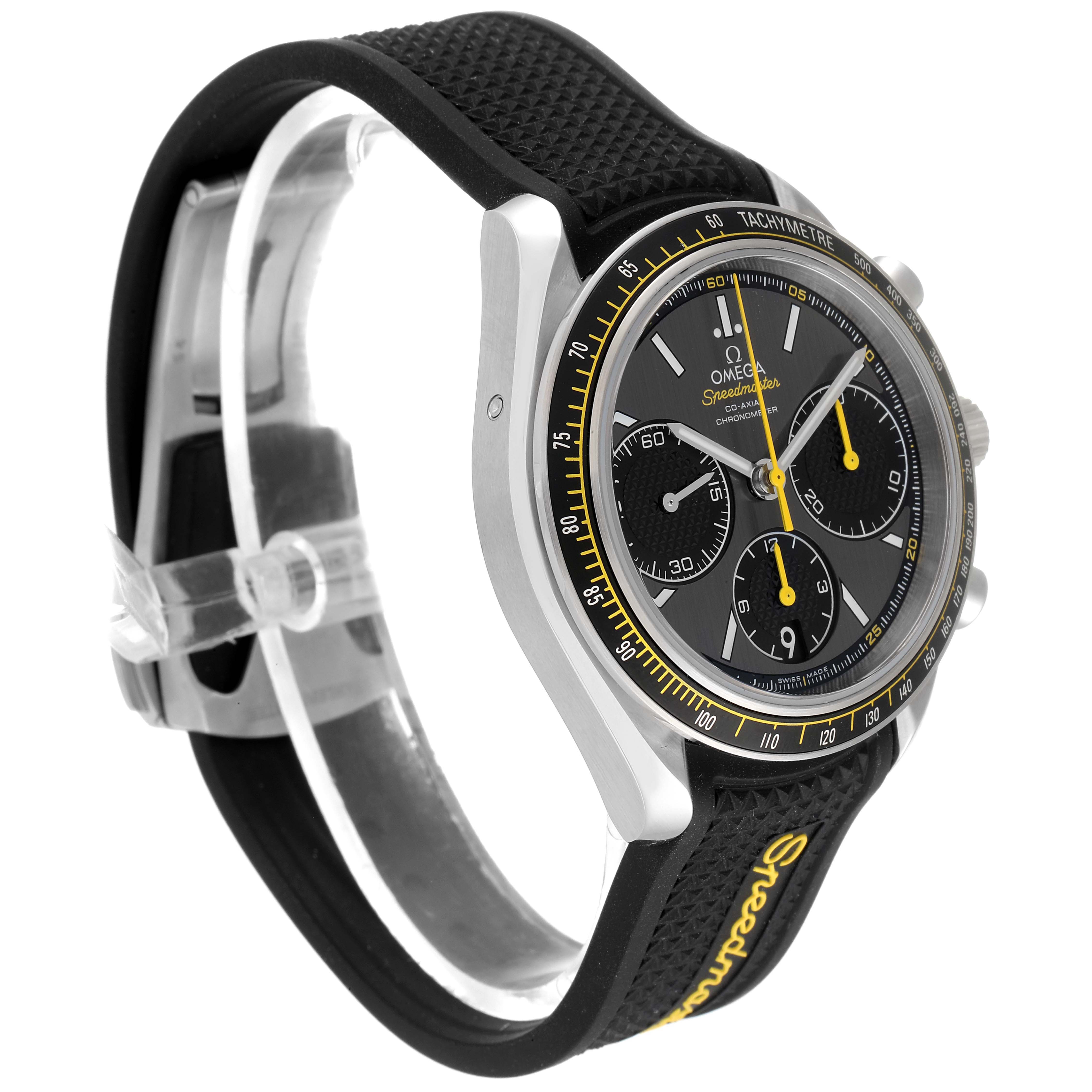 The image shows an Omega Speedmaster 326.32.40.50.06.001 Men
s Stainless Steel Grey Dial 326.32.40.50.06.001 Men
s Stainless Steel Grey Dial watch from a front-side angle, highlighting the black strap and chronograph dial.