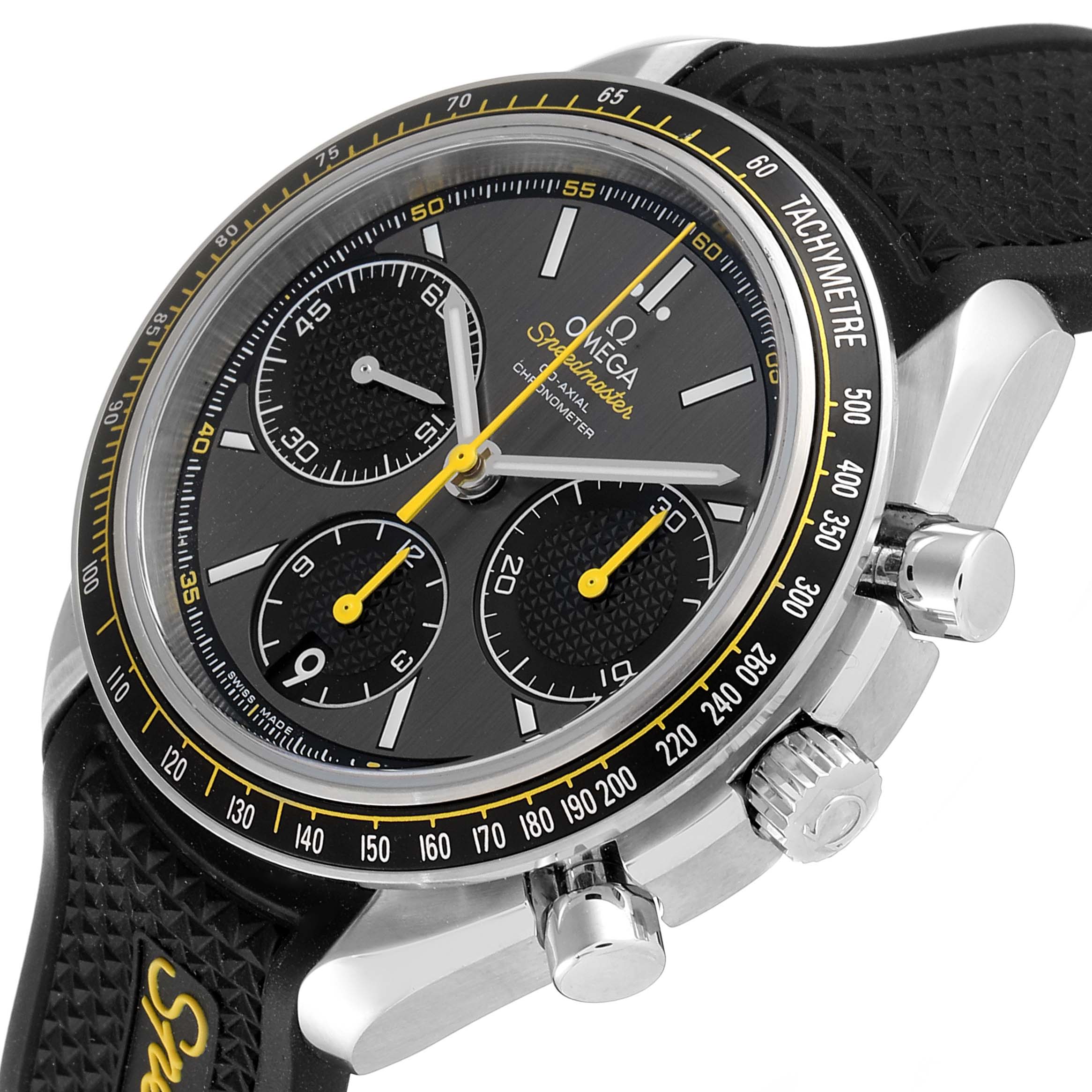 The Omega Speedmaster 326.32.40.50.06.001 Men
s Stainless Steel Grey Dial 326.32.40.50.06.001 Men
s Stainless Steel Grey Dial watch is shown at an angle, highlighting its face, tachymeter, chronograph dials, and pushers.