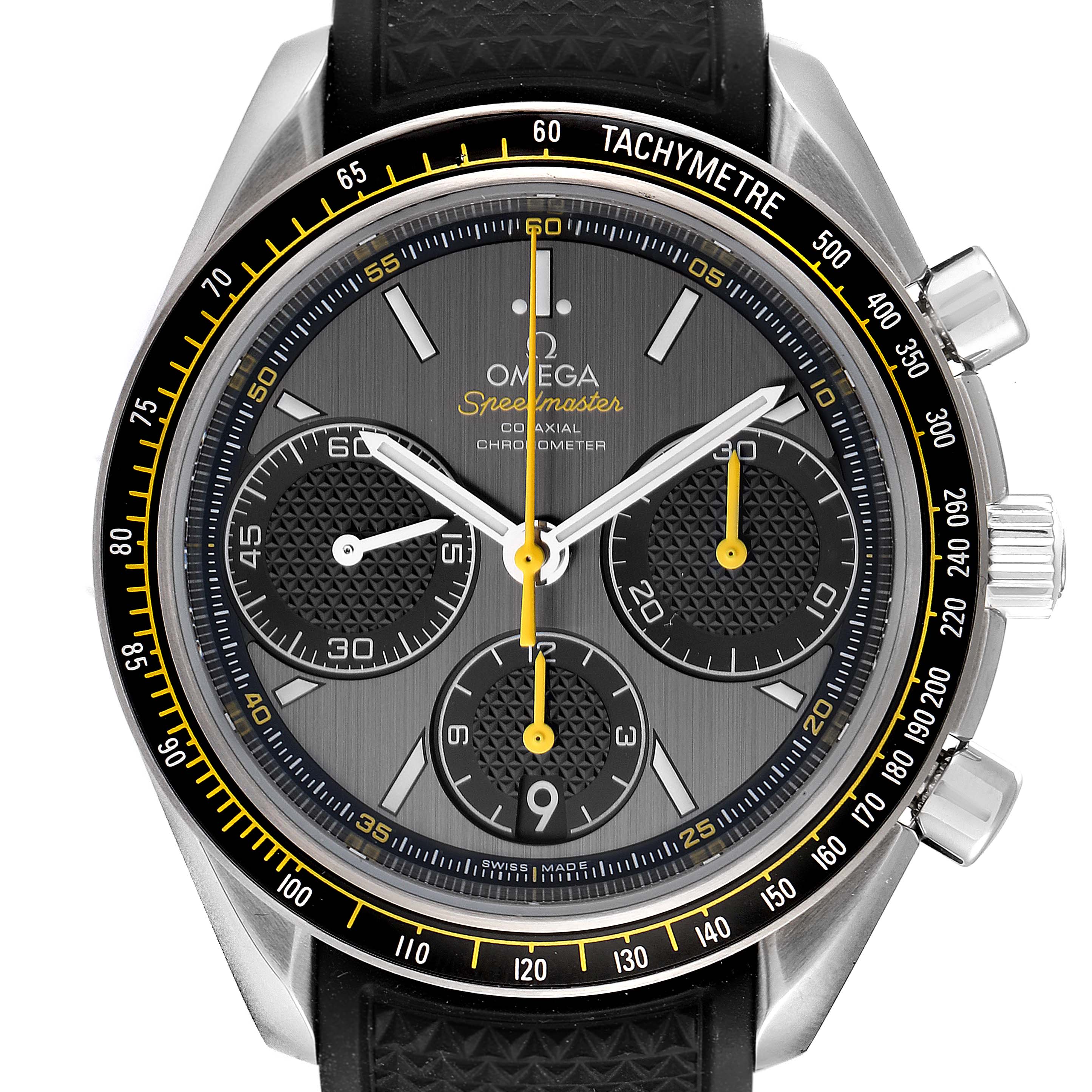 The Omega Speedmaster 326.32.40.50.06.001 Men
s Stainless Steel Grey Dial 326.32.40.50.06.001 Men
s Stainless Steel Grey Dial watch is shown from a front angle, displaying the full watch face and parts of the strap.