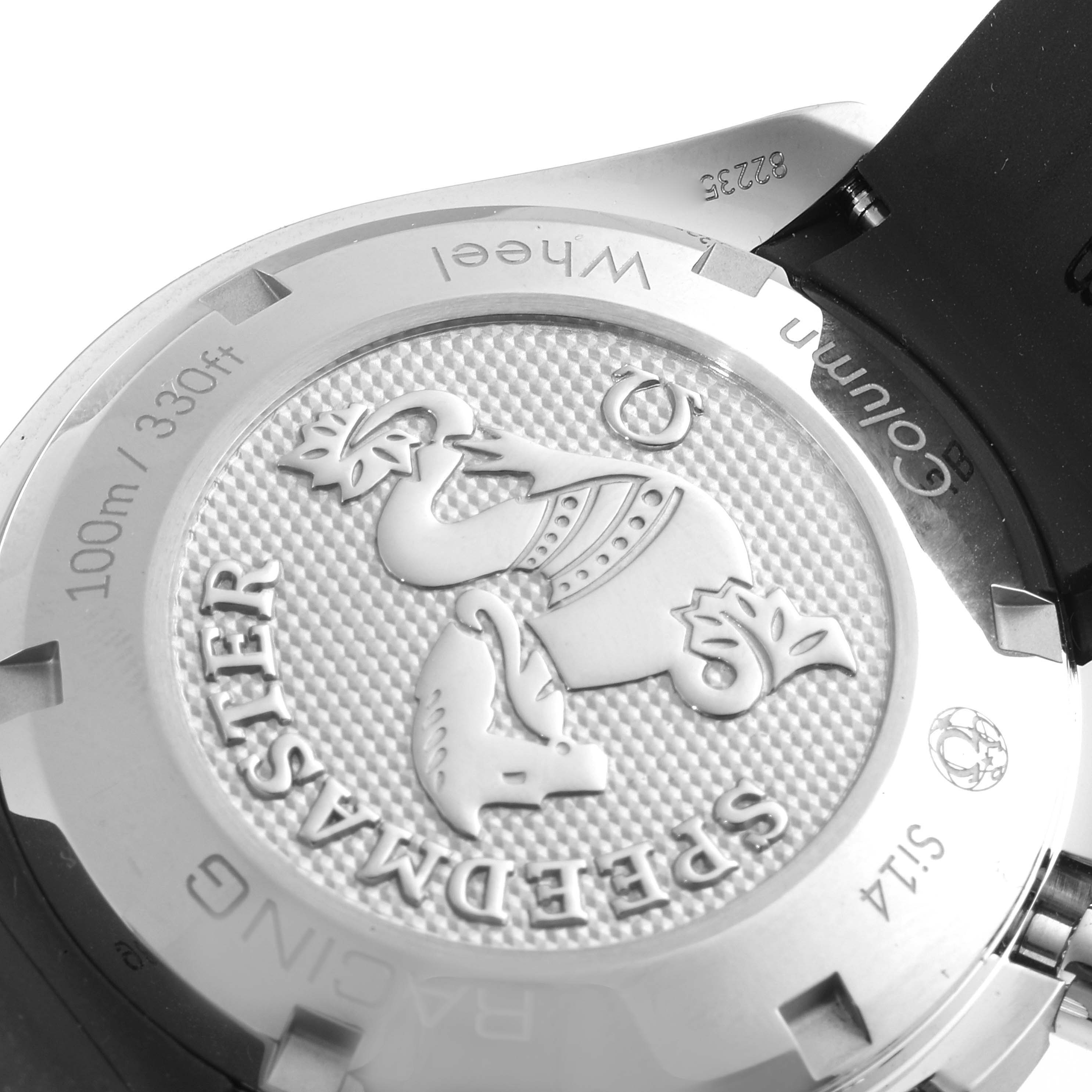 This image shows the back case of an Omega Speedmaster 326.32.40.50.06.001 Men
s Stainless Steel Grey Dial 326.32.40.50.06.001 Men
s Stainless Steel Grey Dial watch viewed from a partially open angle.