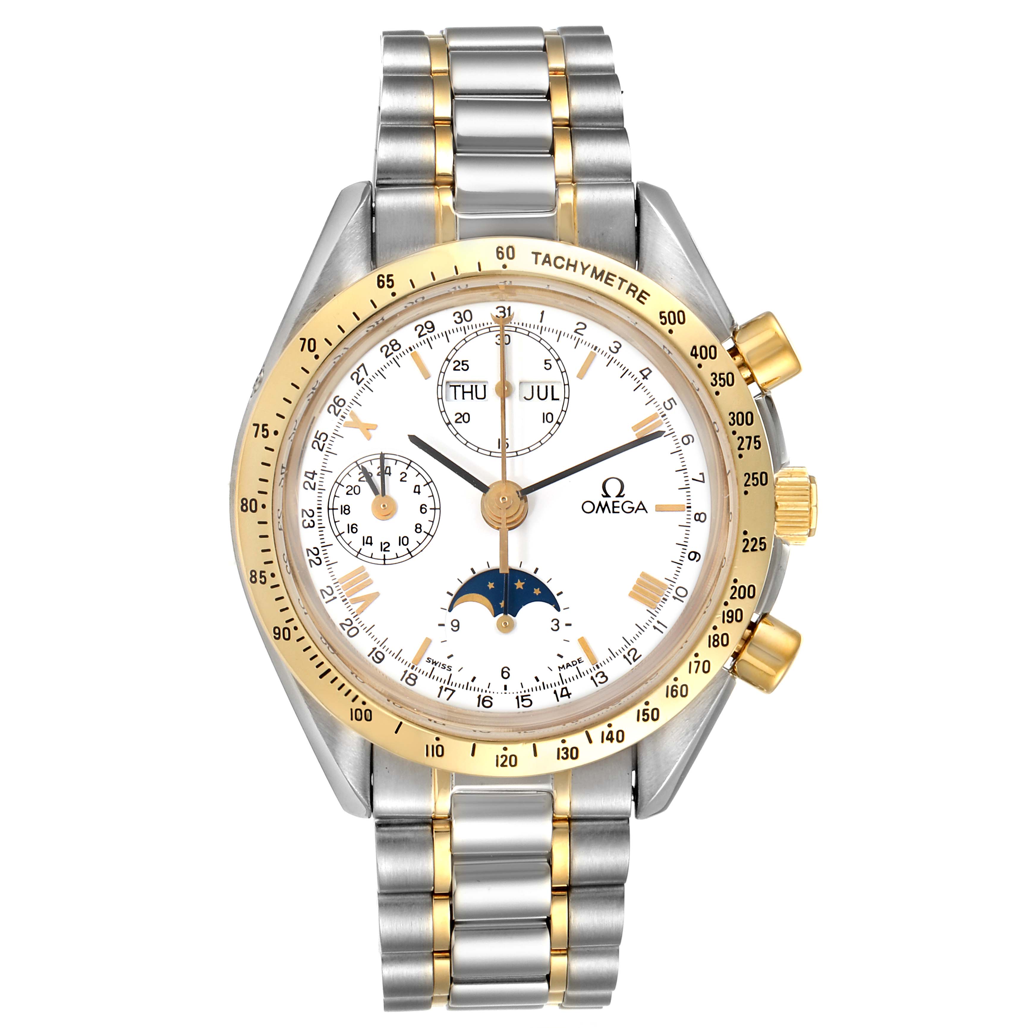 The image shows a frontal view of an Omega Speedmaster 3330.20.00 Men's Steel and Gold (two tone) White Dial 3330.20.00 Men's Steel and Gold (two tone) White Dial watch, featuring a two-tone case and bracelet, with gold accents and multiple sub-dials.