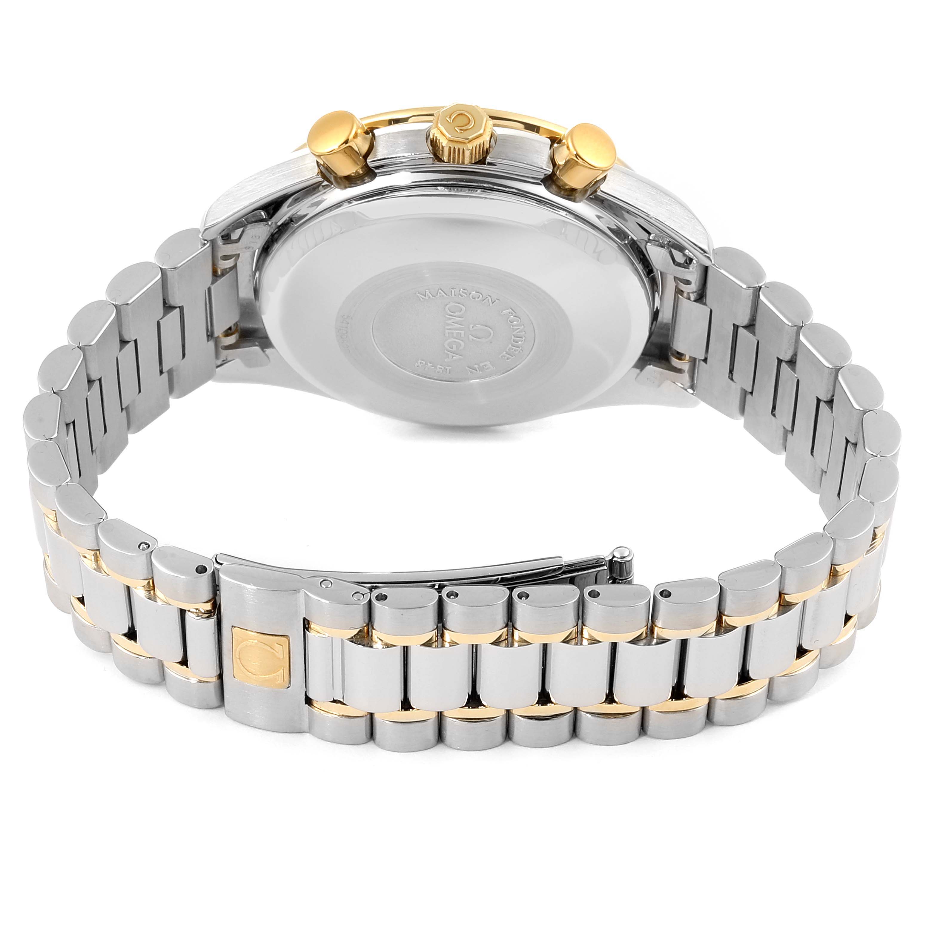 This image shows the back and bracelet of an Omega Speedmaster 3330.20.00 Men's Steel and Gold (two tone) White Dial 3330.20.00 Men's Steel and Gold (two tone) White Dial watch, highlighting the case back and clasp.
