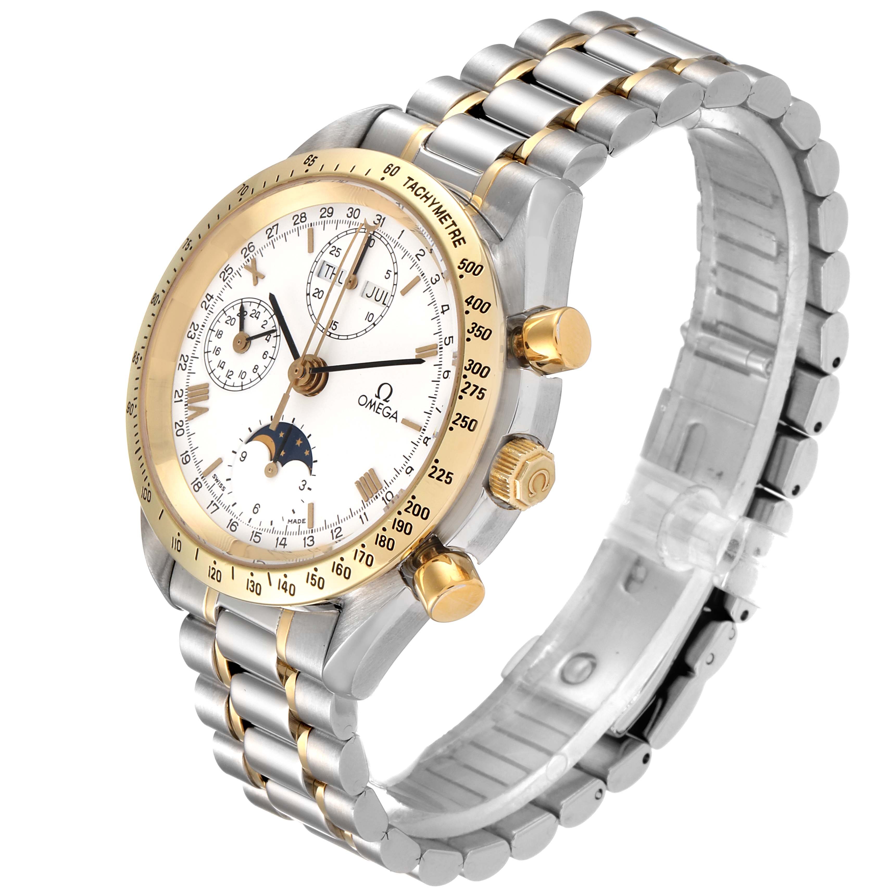 The Omega Speedmaster 3330.20.00 Men's Steel and Gold (two tone) White Dial 3330.20.00 Men's Steel and Gold (two tone) White Dial watch is shown at an angled view, displaying its face, bezel, and metal bracelet.