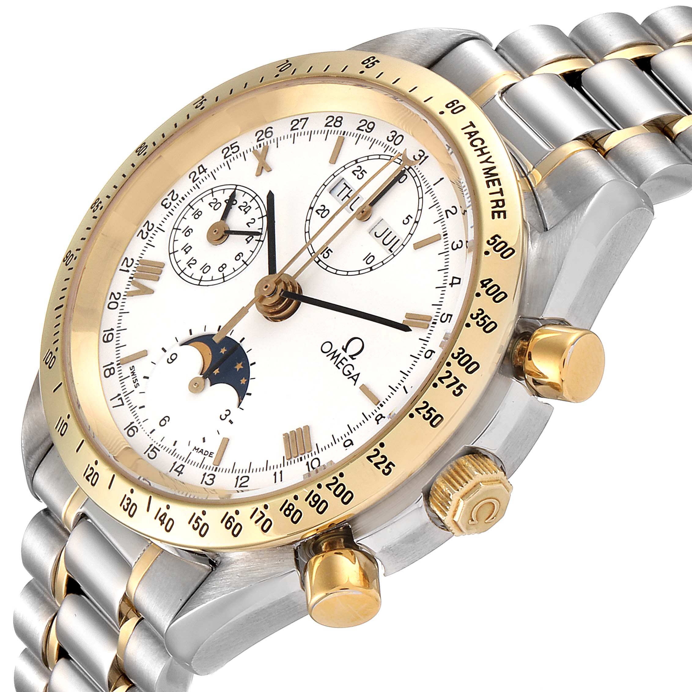 The Omega Speedmaster 3330.20.00 Men's Steel and Gold (two tone) White Dial 3330.20.00 Men's Steel and Gold (two tone) White Dial watch is shown at an angled view, revealing the face, bezel, crown, and part of the bracelet.